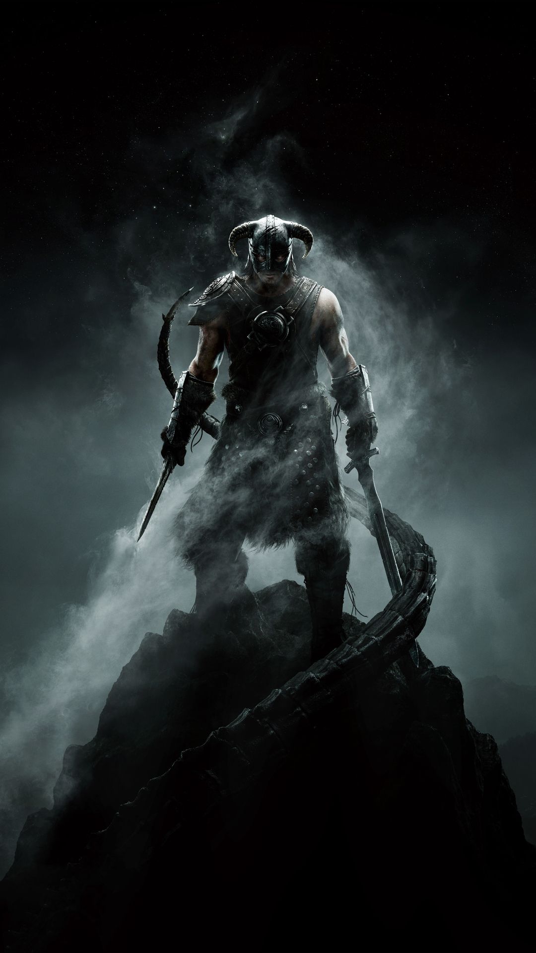 Skyrim, Drachenblut, Hörnerhelm, Rauch, Dunkel, Hochformat, Hintergrundbild fürs Smartphone