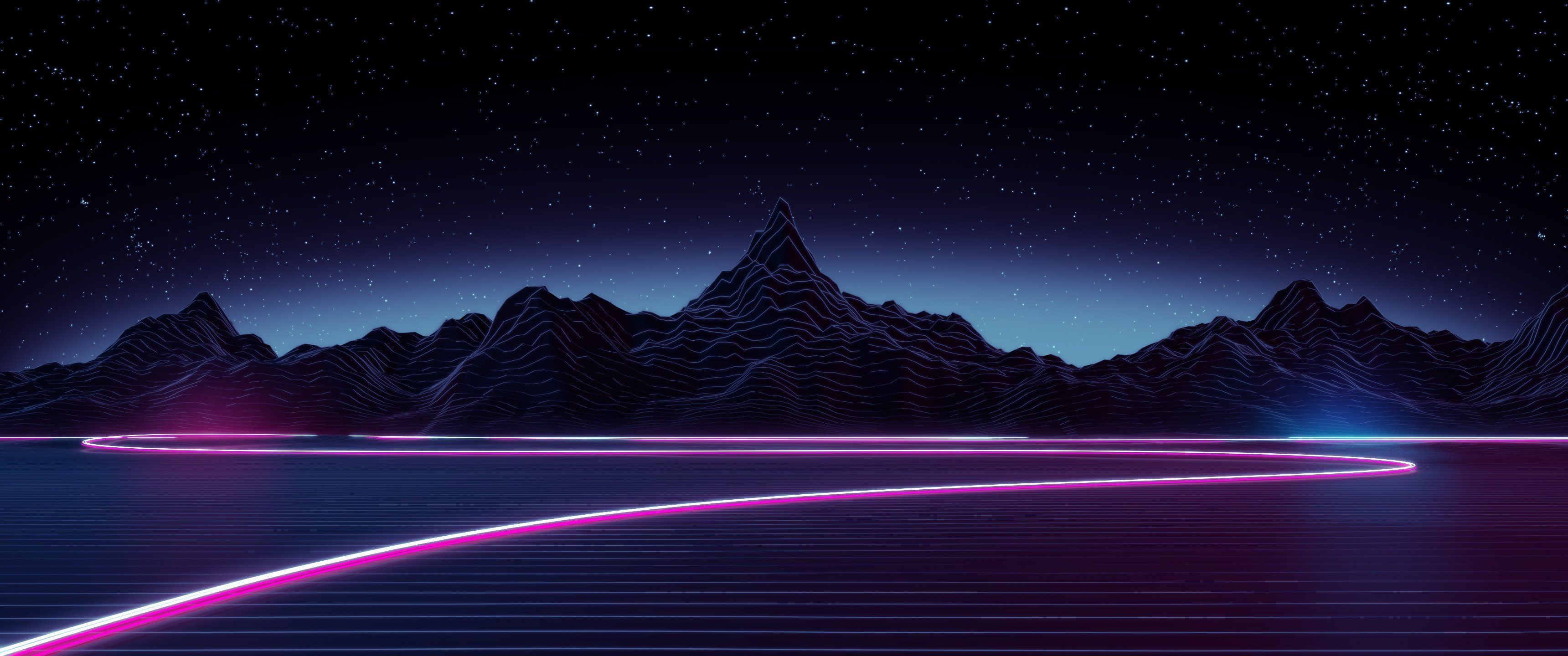 Synthwave, Berge, Neonlinie, Sternenhimmel, Retro, 21:9, 2K-Hintergrundbild für den Desktop