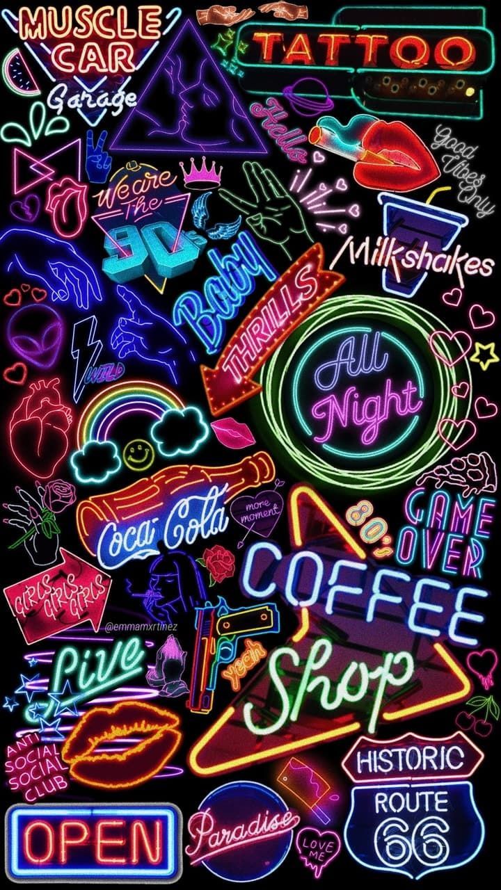 Leuchtreklamen, Coffee Shop, Open-Schild, Tattoo, Bunt, Collage, Hintergrundbild fürs Handy