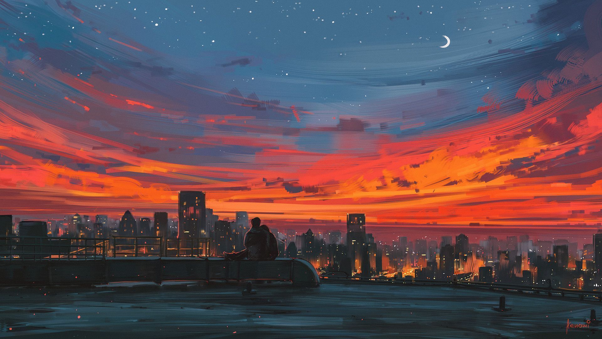 Skyline, Sonnenuntergang, Roter Himmel, Digitale Malerei, Full HD, Laptop-Hintergrundbild