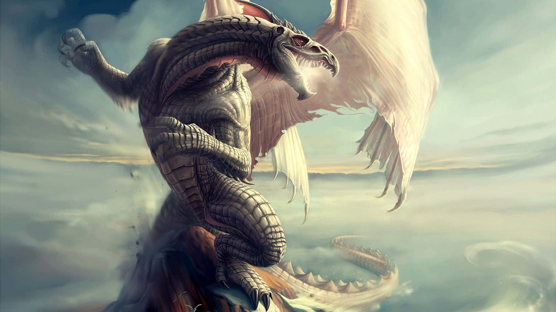 Drache, Wolken, Fantasy-Kunst, Flügel, Pastell, 16:9, Full-HD-Hintergrundbild für den Desktop