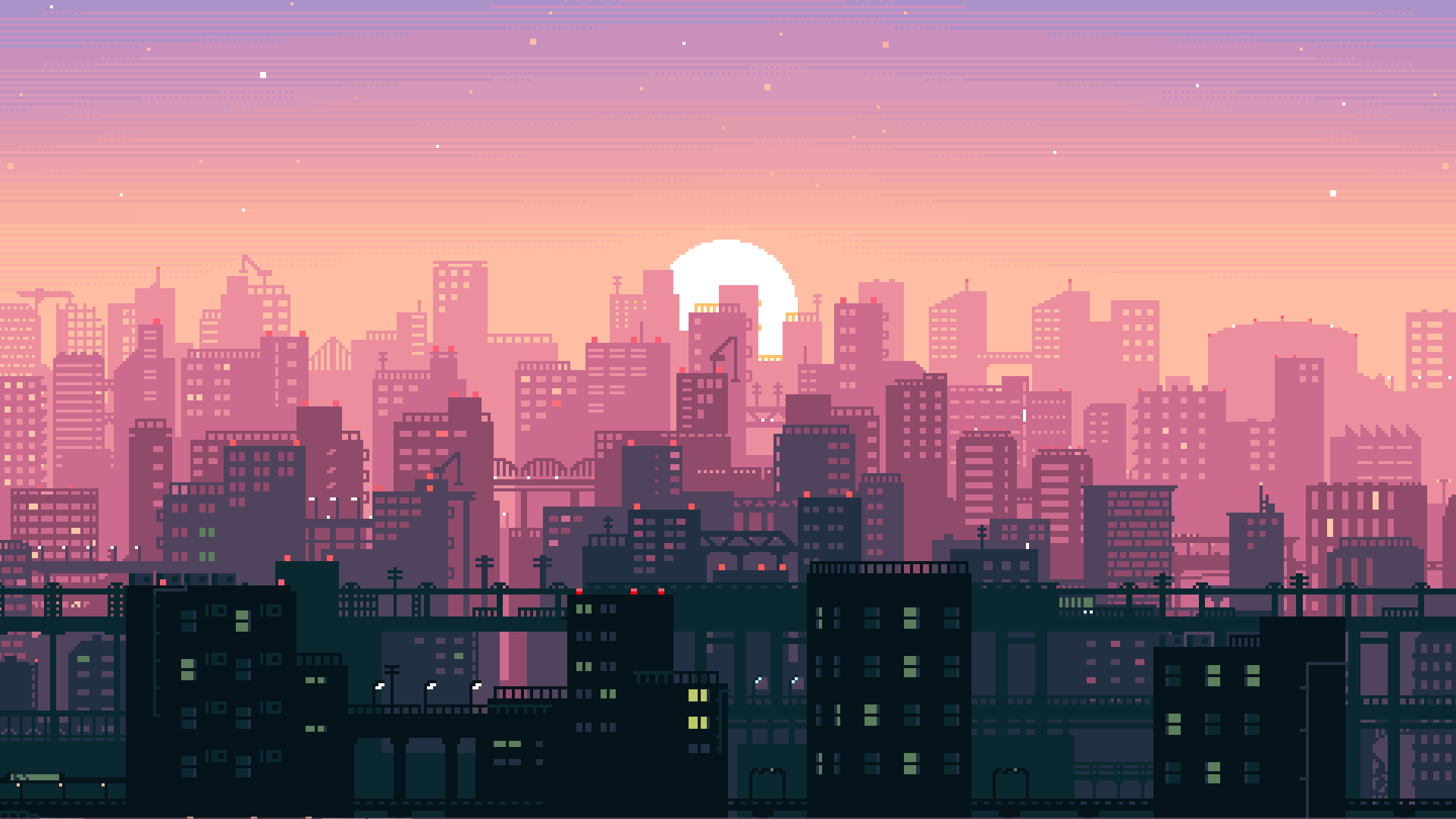 Pixel-Art, Skyline, Sonnenuntergang, Rosa Himmel, Full HD, Desktop-Hintergrund für Windows