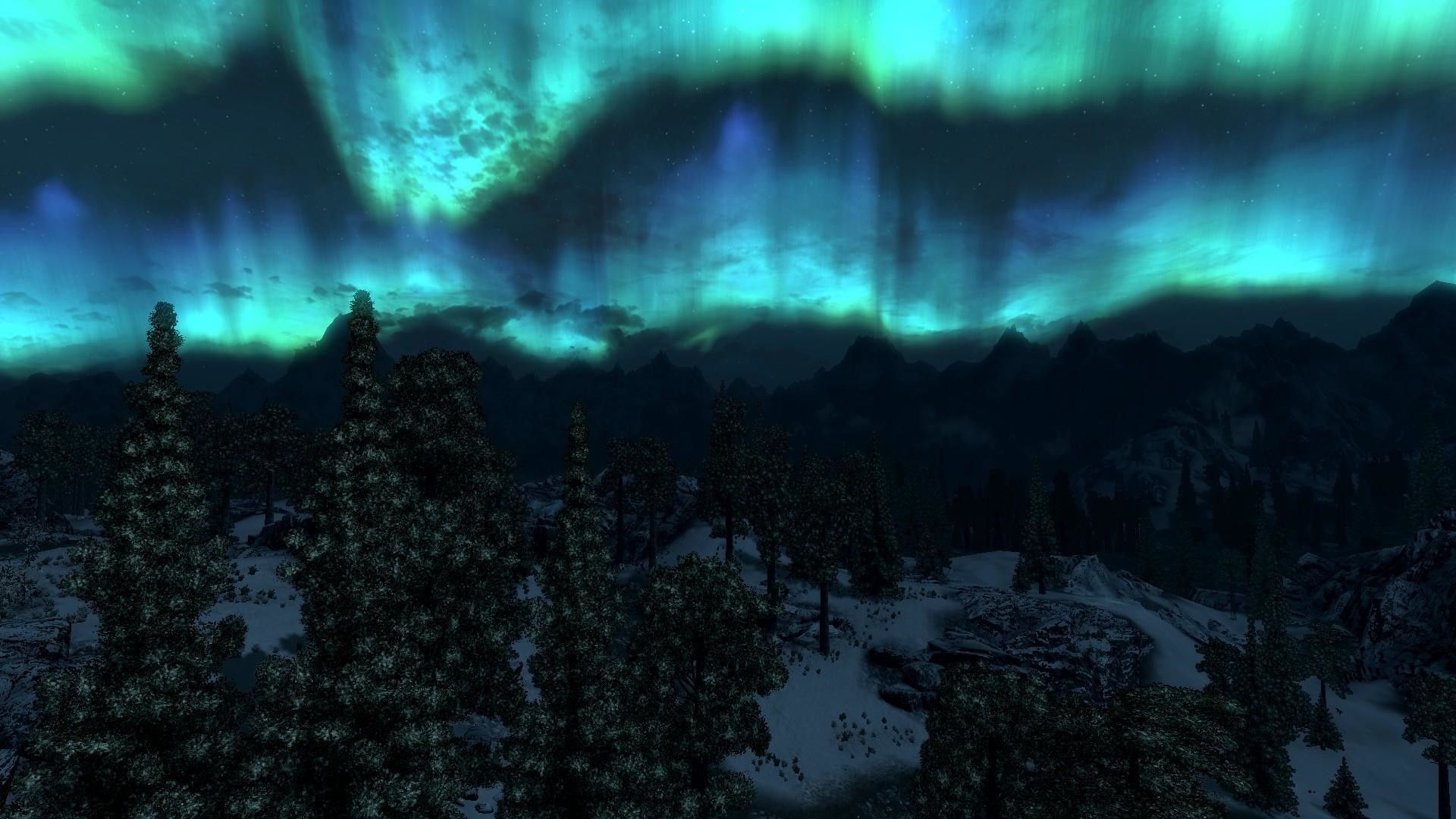 Skyrim, Polarlicht, Nadelwald, Nacht, Grün, 1920x1080, Full-HD-Hintergrundbild für PC