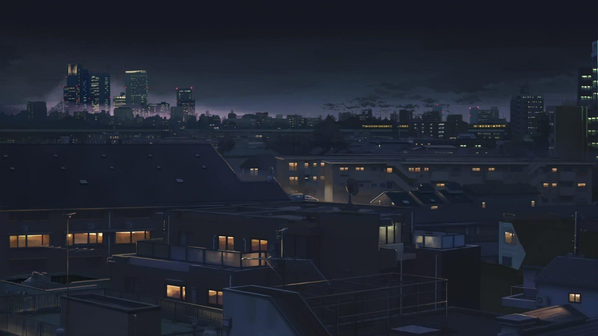 Stadt bei Nacht, Anime-Stil, Dächer, Lichter, 1920x1080, Full-HD-Hintergrundbild für PC