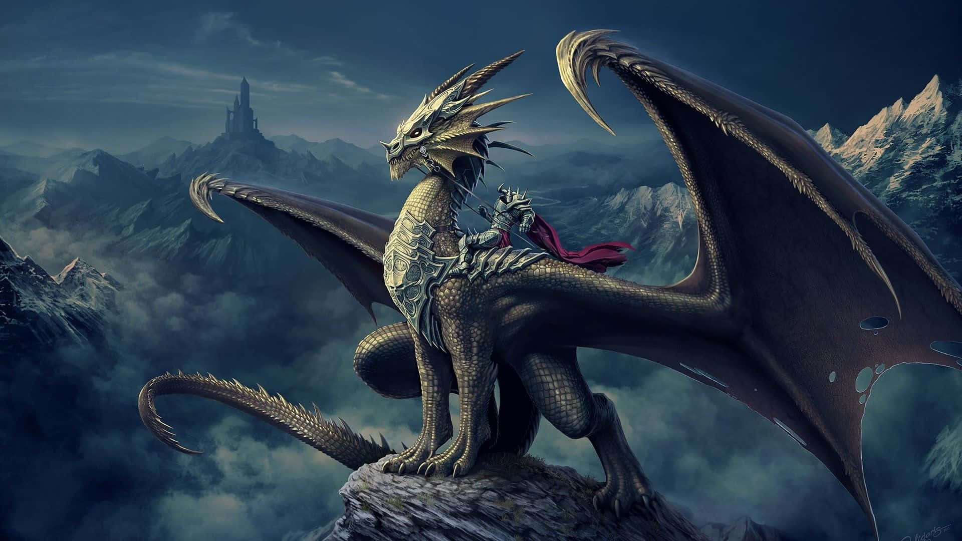 Drache, Berge, Reiter, Fantasy-Kunst, Dämmerung, 1920x1080, Full-HD-Hintergrundbild für PC