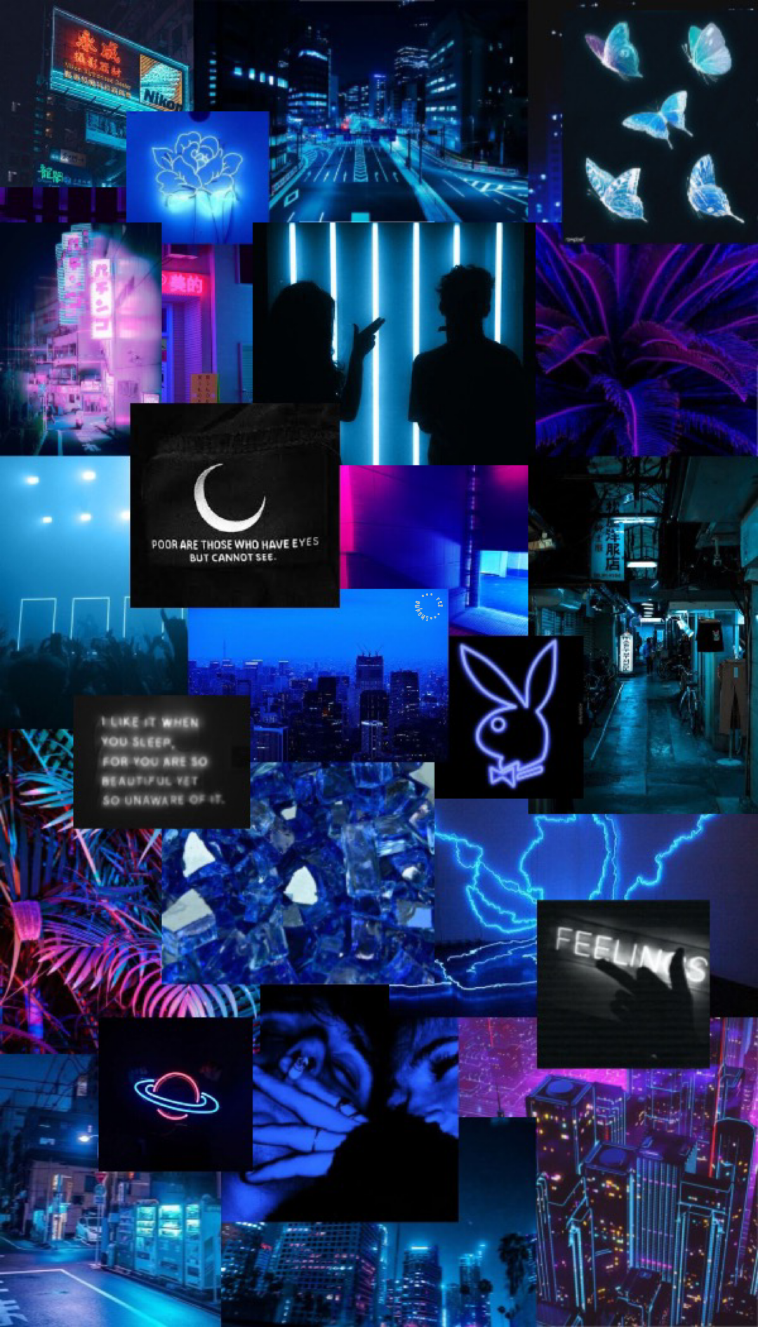 Collage, Blau, Mond, Dunkel, Ästhetik, Full HD, Handy-Hintergrund im Hochformat