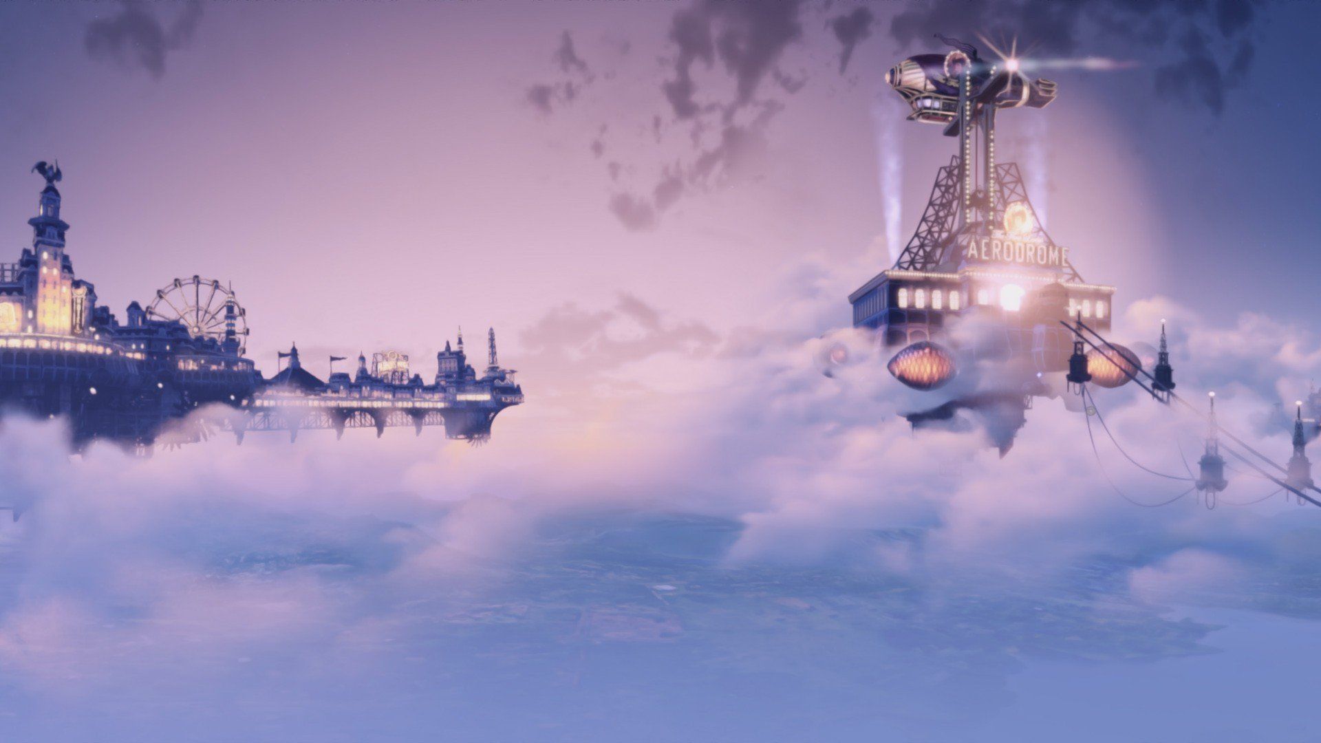Fliegende Stadt, Luftschiff, Wolken, Fantasy, Riesenrad, Full HD, Breitbild-Hintergrundbild