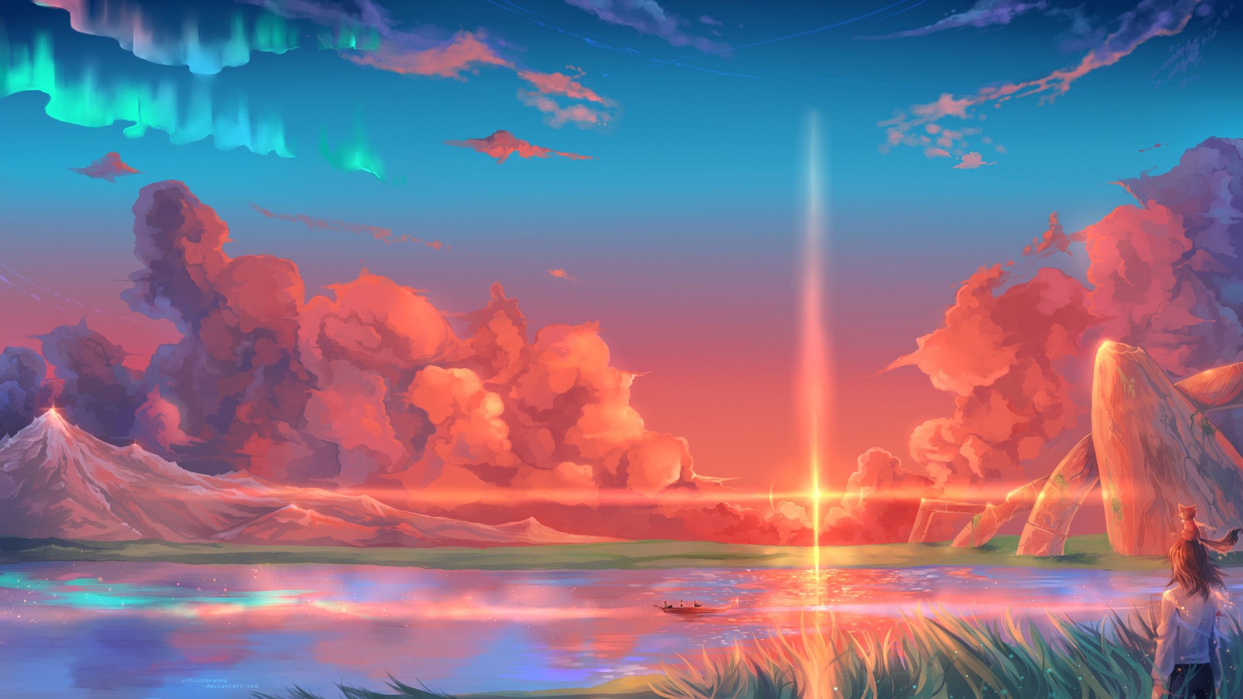 Anime-Stil, Lichtstrahl, Wolken, Sonnenuntergang, Polarlicht, 2K, Windows-Hintergrundbild