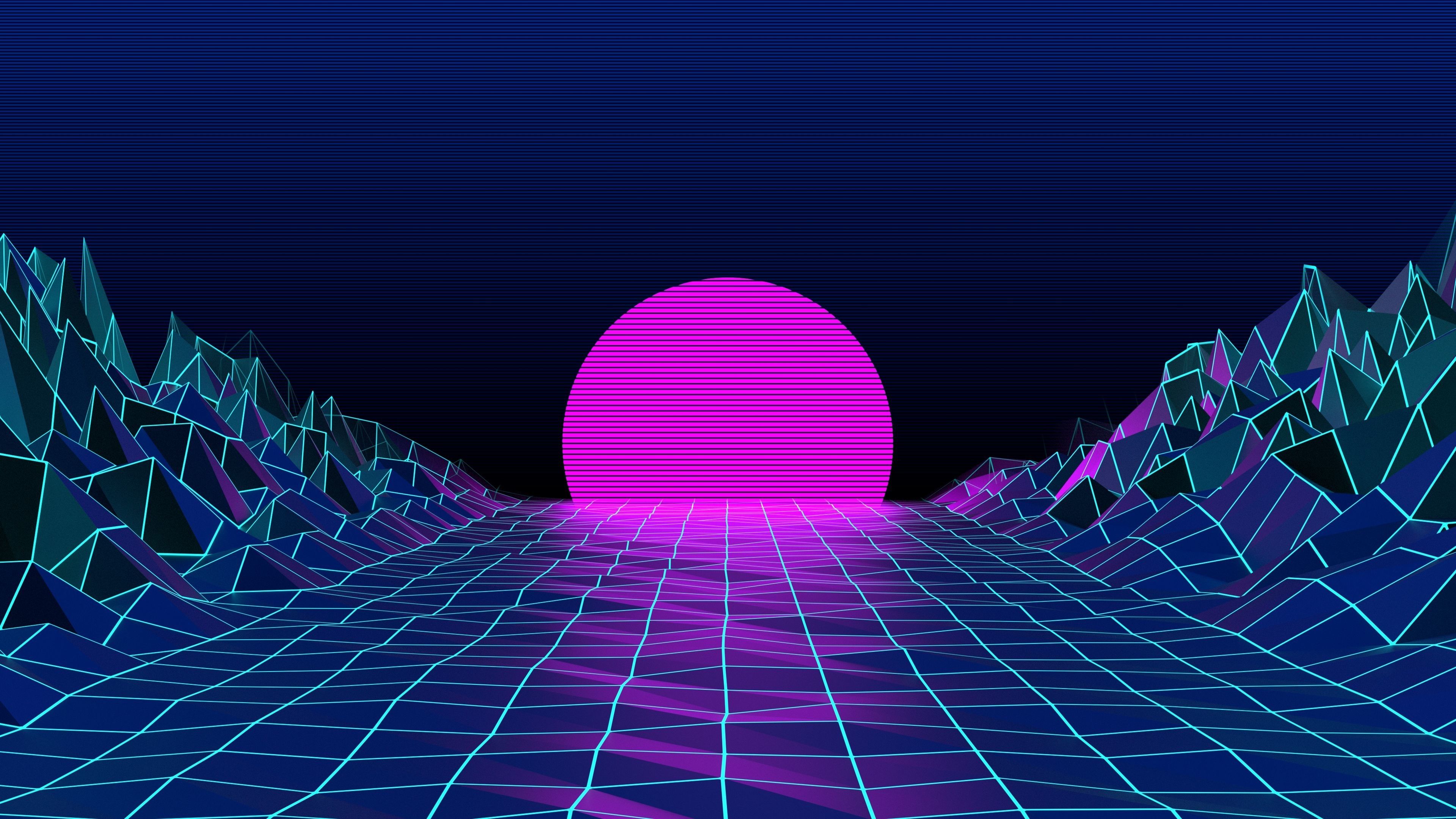Synthwave, Retrowave, Gitter, Magenta Sonne, Berge, 3840x2160, 4K-Hintergrundbild für PC