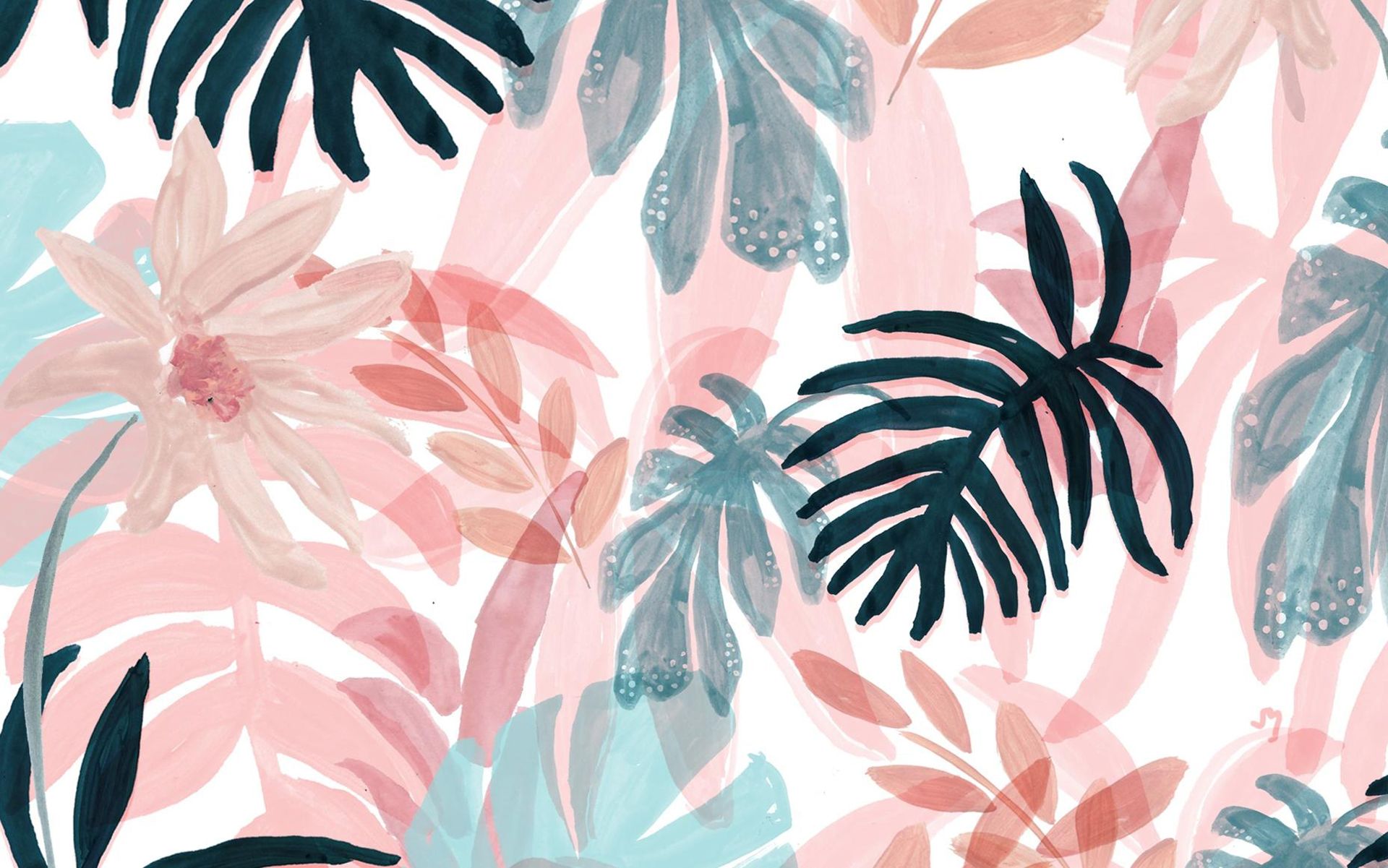 Blätter, Tropische Pflanzen, Muster, Pastell, Aquarell, 16:10, Full-HD-Hintergrundbild für den Desktop