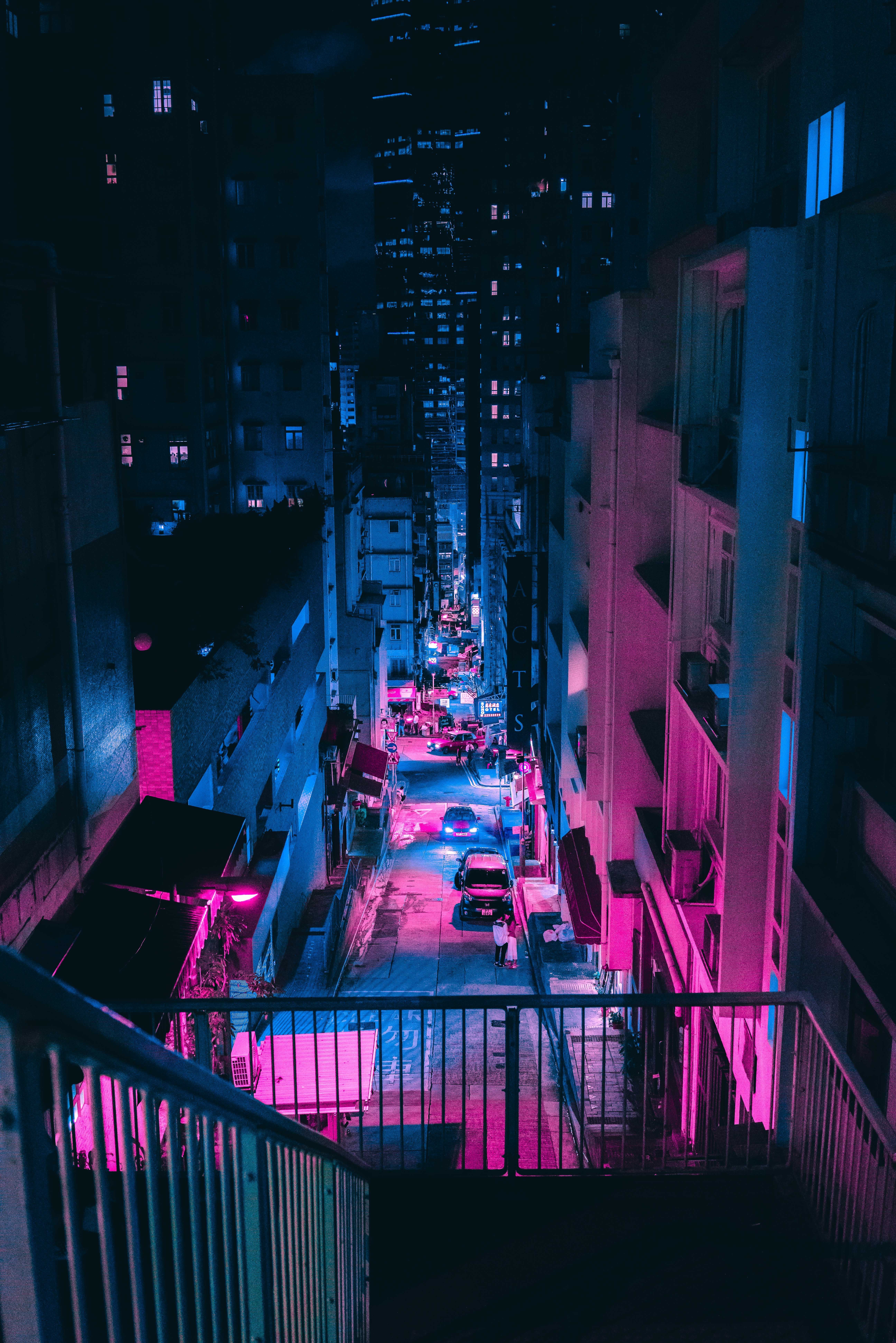 Stadt, Nacht, Hochhäuser, Pink, Cyberpunk, Vogelperspektive, Hintergrundbild fürs iPad