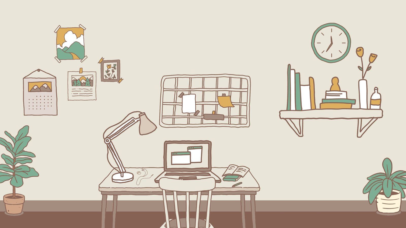 Arbeitsplatz, Schreibtisch, Laptop, Pflanzen, Illustration, Beiger Hintergrund, HD Wallpaper