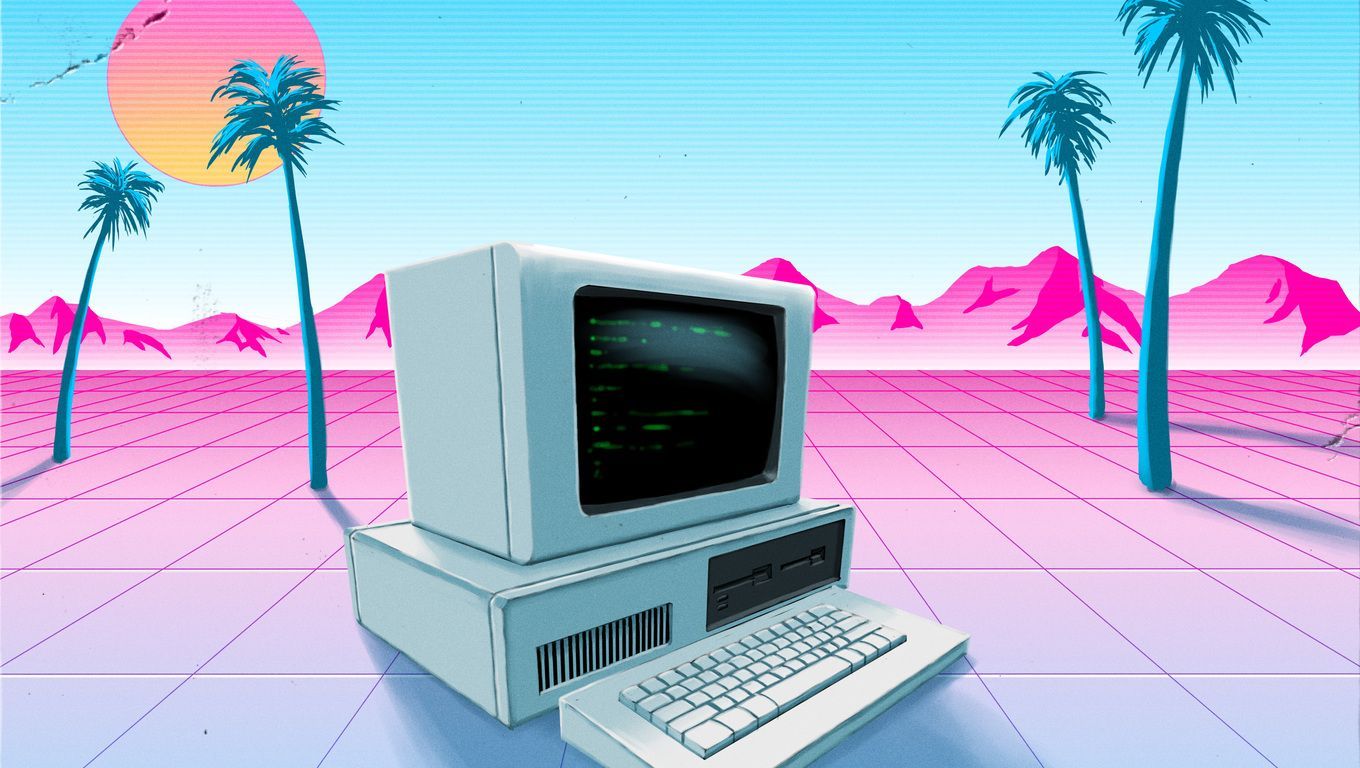 Vaporwave, Retro-Computer, Palmen, Rosa Gitter, 80er, HD, Hintergrundbild für den PC