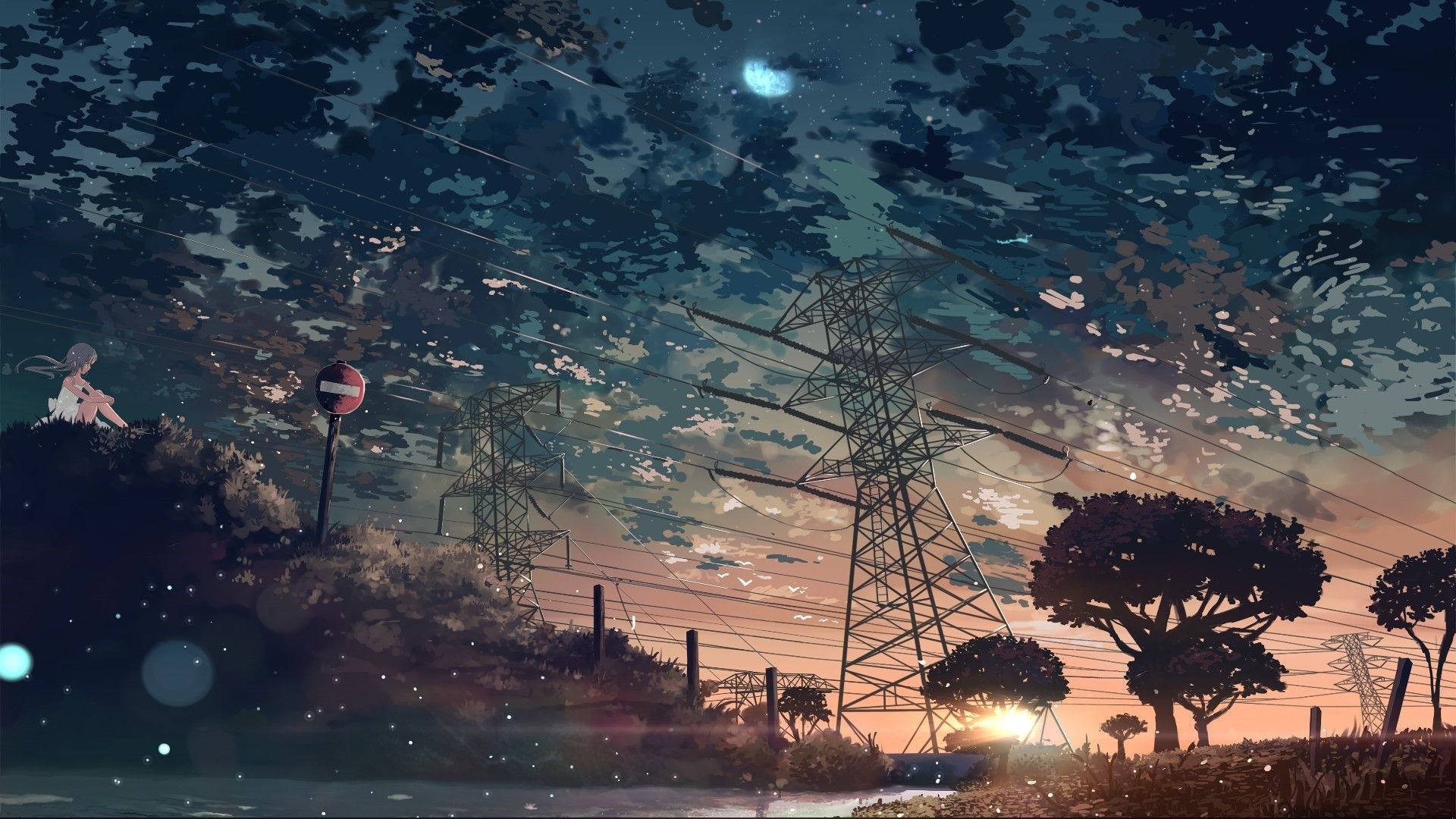 Anime-Stil, Strommast, Sonnenuntergang, Bäume, Wolken, Full HD 1080p, Desktop-Hintergrundbild