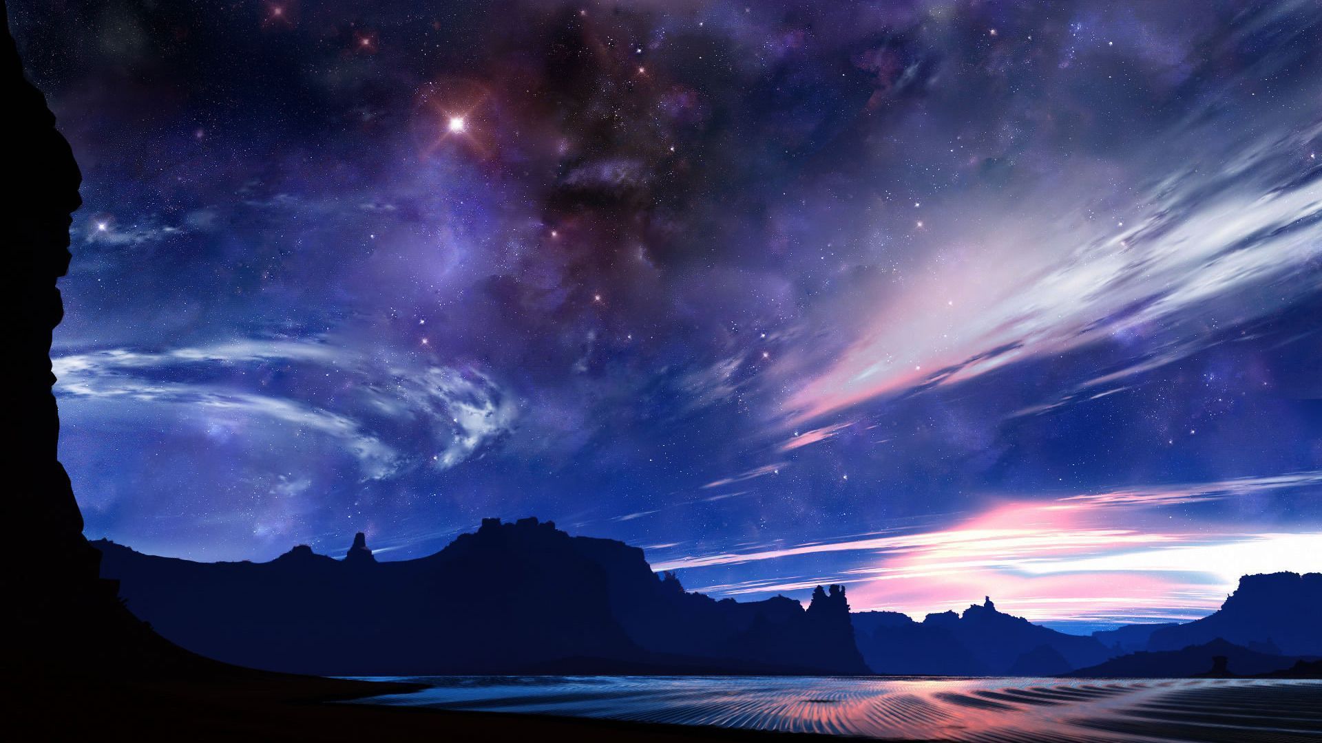 Sternenhimmel, Milchstraße, Berge, Nacht, Digitale Malerei, Full HD, Desktop-Hintergrund