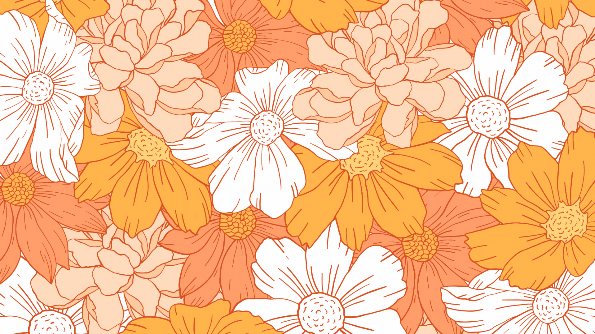 Blumenmuster, Orange, Weiße Blumen, Illustration, 1920x1080, Full-HD-Hintergrundbild für PC