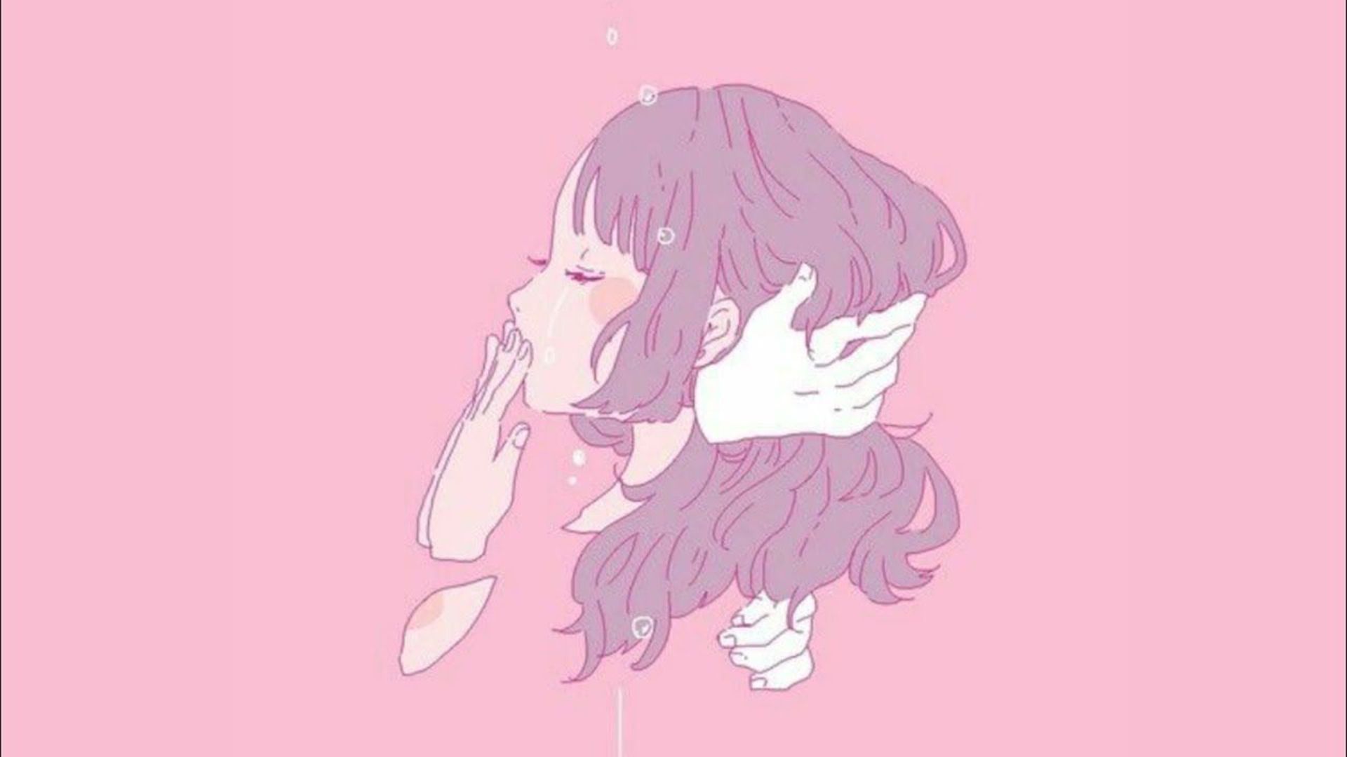 Anime-Mädchen, Linienkunst, Rosa Hintergrund, Minimalistisch, Full HD Wallpaper