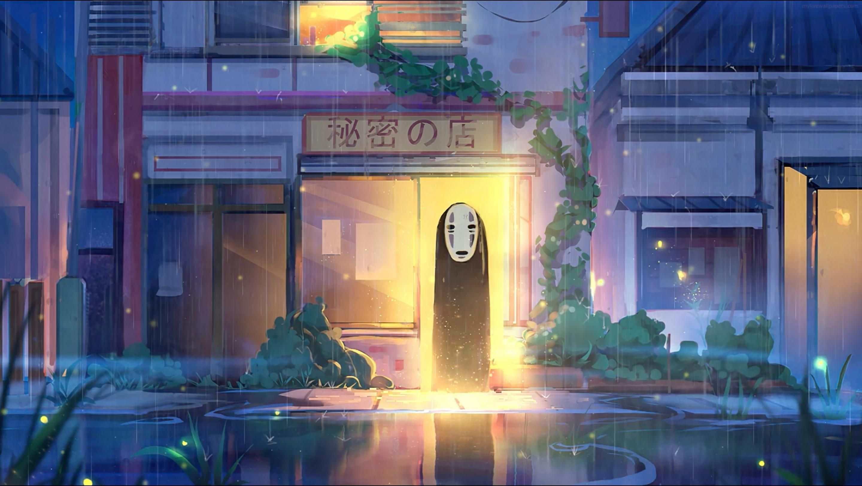 Ohngesicht, Chihiros Reise ins Zauberland, Studio Ghibli, Laden, Regen, Fan-Art, 2K-PC-Hintergrundbild