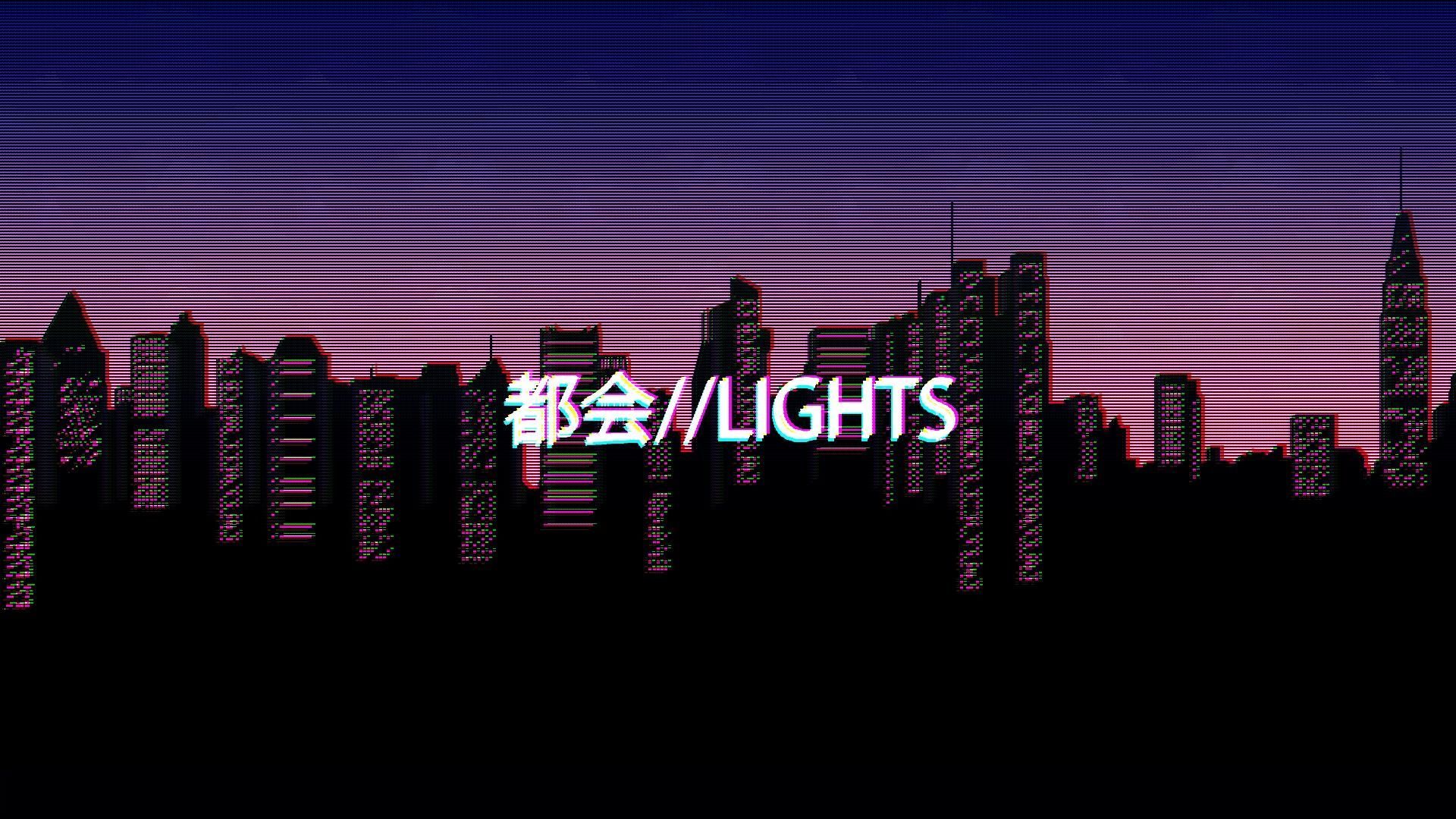 Skyline, Silhouette, City Lights, Vaporwave, Lila Himmel, Full HD, Laptop-Hintergrundbild
