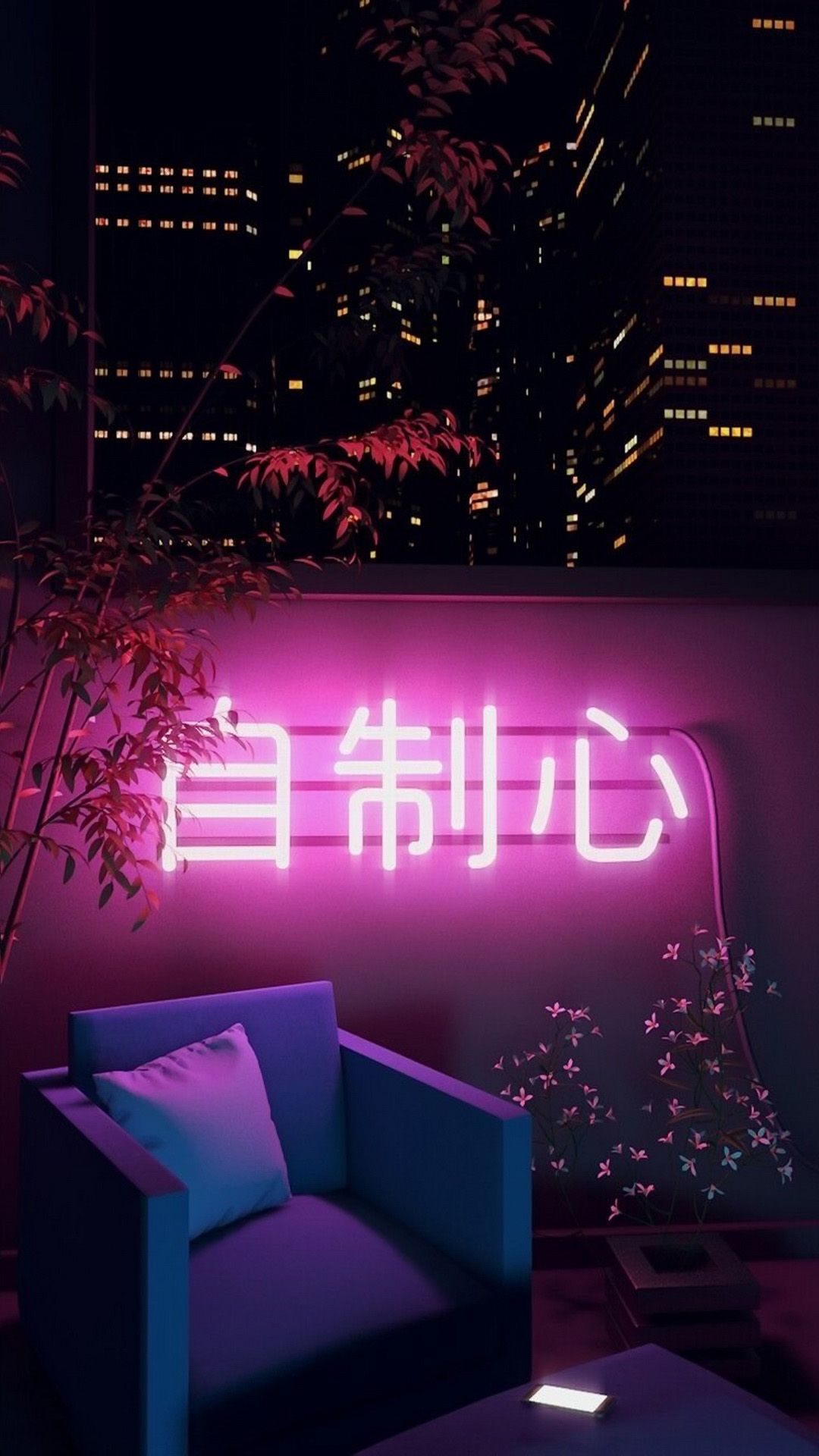 Neonschrift, Japanische Zeichen, Pinkes Licht, Sessel, Nacht, Full HD, Handy-Hintergrundbild