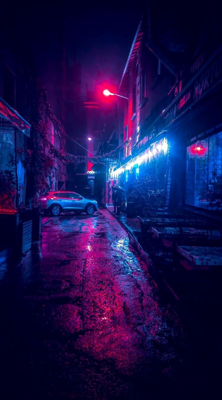 Gasse, Nacht, Rotes Licht, Blau, Regen, Stadt, HD, Handy-Hintergrund im Hochformat