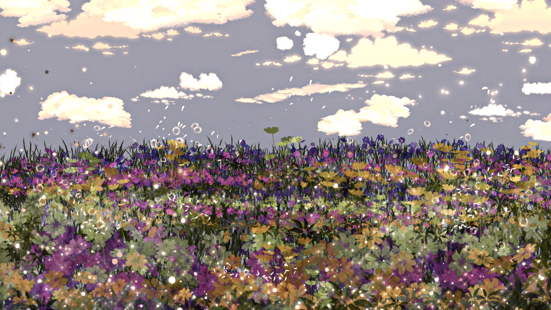 Blumenwiese, Wildblumen, Wolken, Digitale Malerei, Lila Töne, 1920x1080, PC-Hintergrundbild