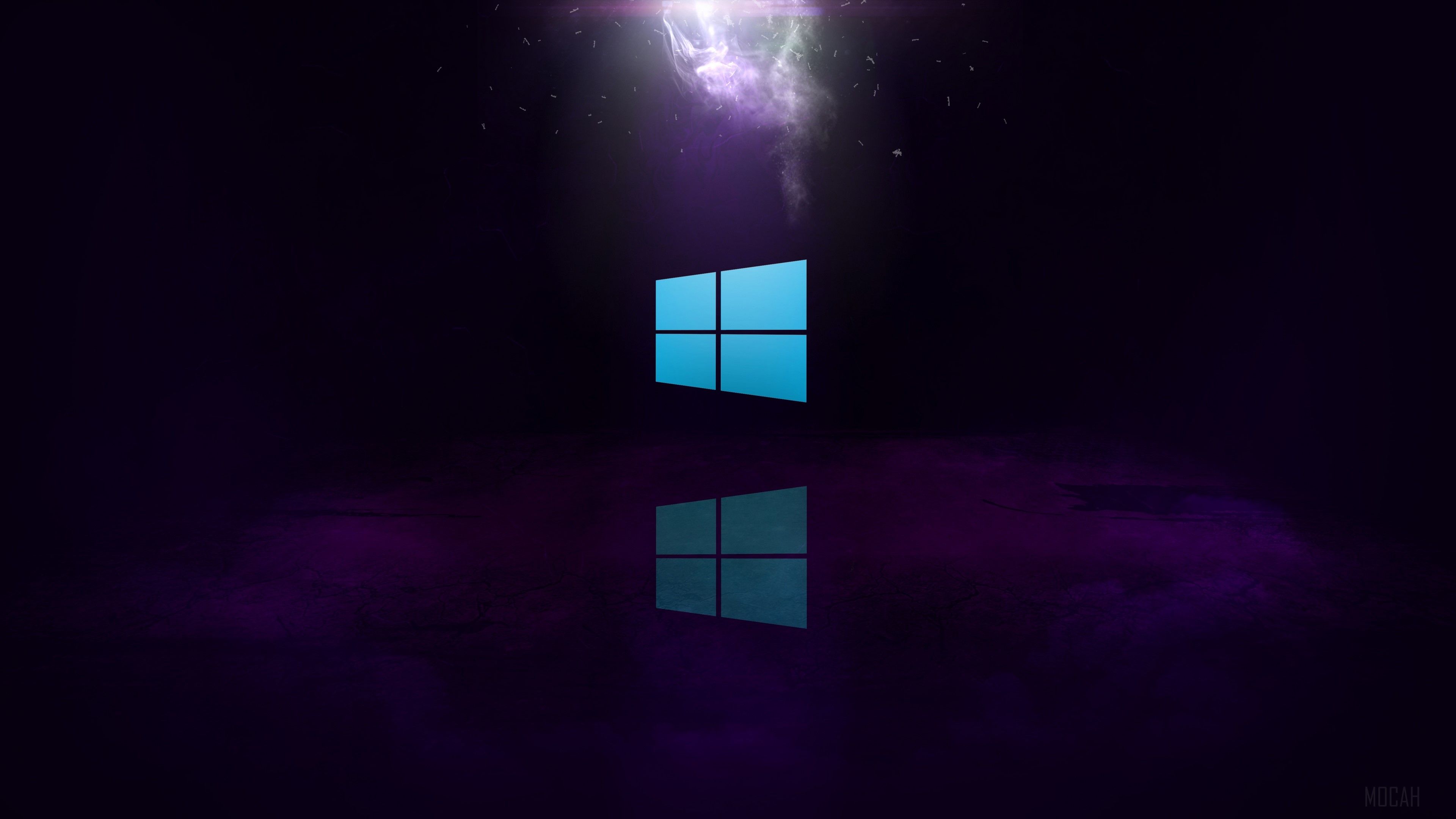 Windows-Logo, Spiegelung, Nebel, Dunkel, Cyan, 4K, Hintergrundbild für den PC