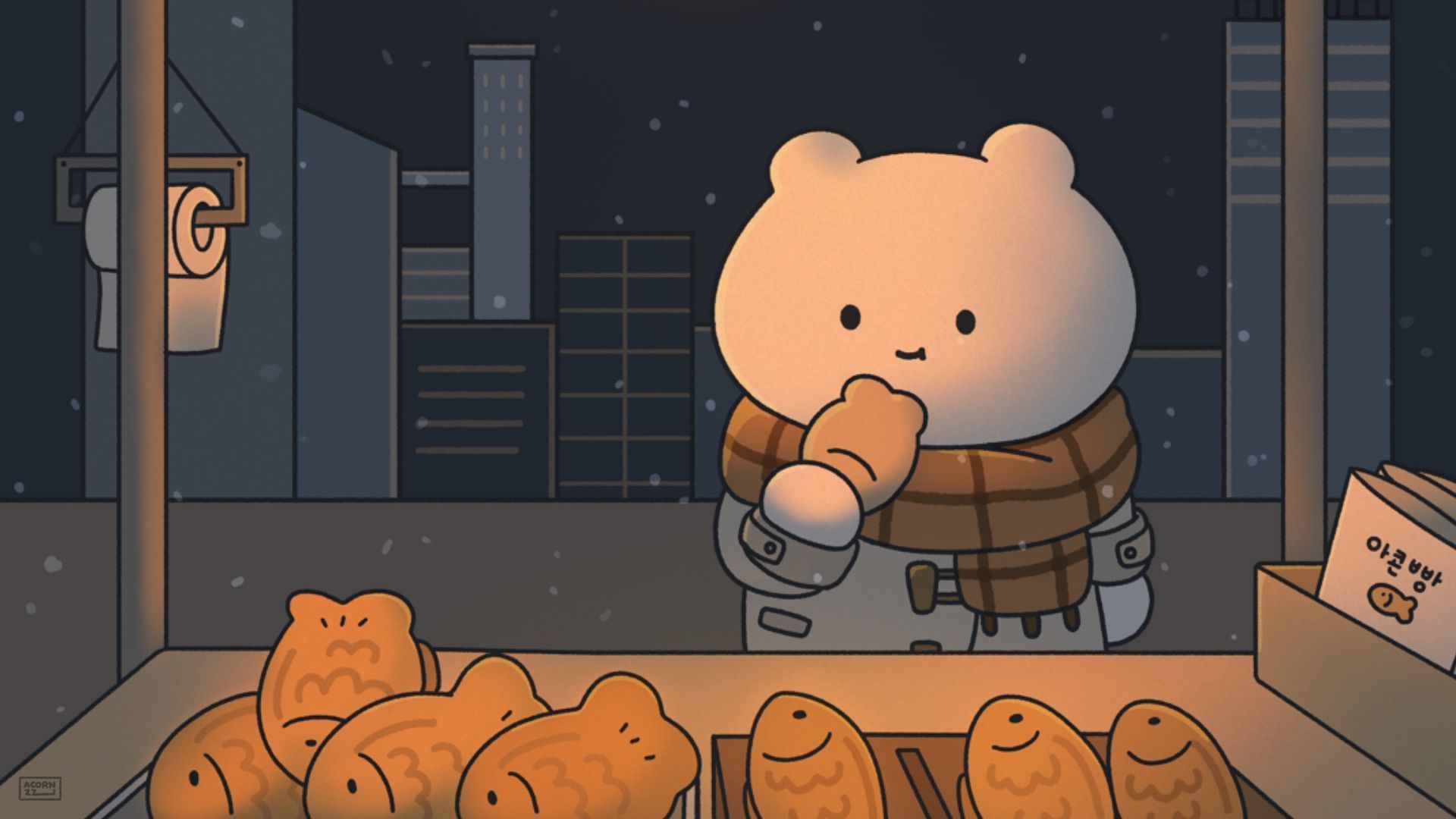 Bär, Taiyaki, Imbissstand, Cartoon, Nacht, Kawaii, 1920x1080, Full-HD-Hintergrundbild für PC