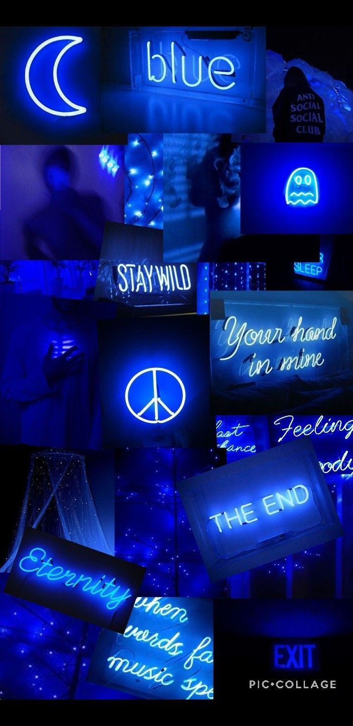 Collage, Blau, Mond, Peace-Zeichen, Leuchtschrift, HD, Hintergrundbild fürs Handy