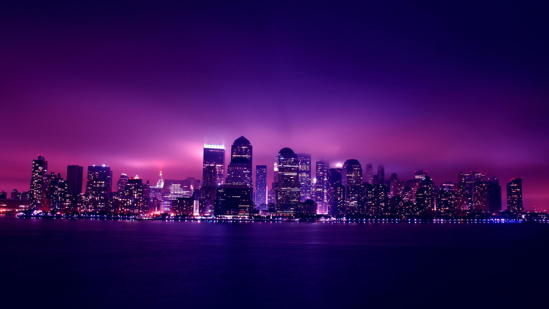 Skyline, Nacht, Lila, Stadtlichter, Wasser, 16:9, Full-HD-Hintergrundbild für den Desktop