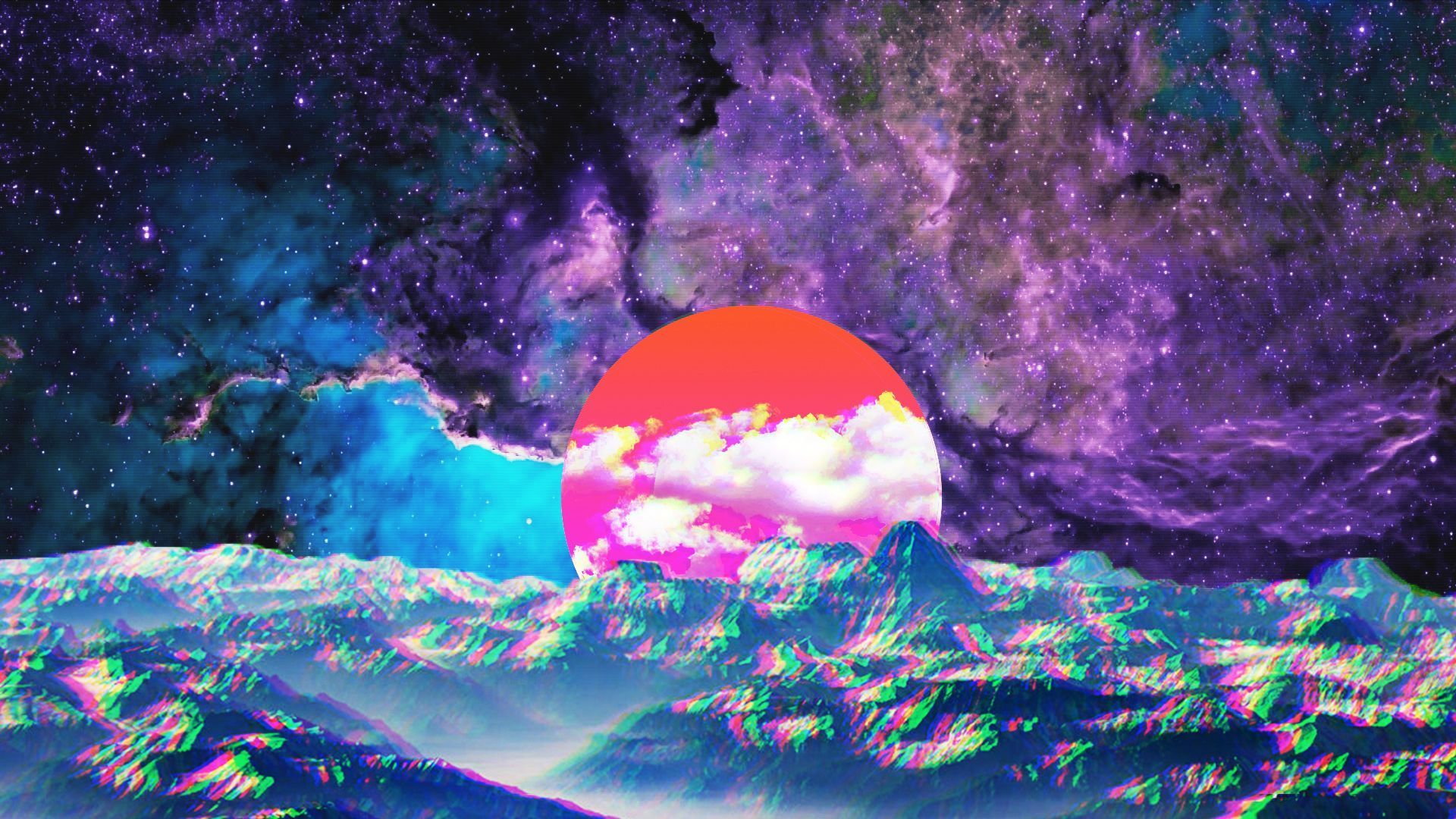 Glitch-Art, Sonne, Galaxie, Vaporwave, Wellen, Full HD 1080p, Desktop-Hintergrundbild