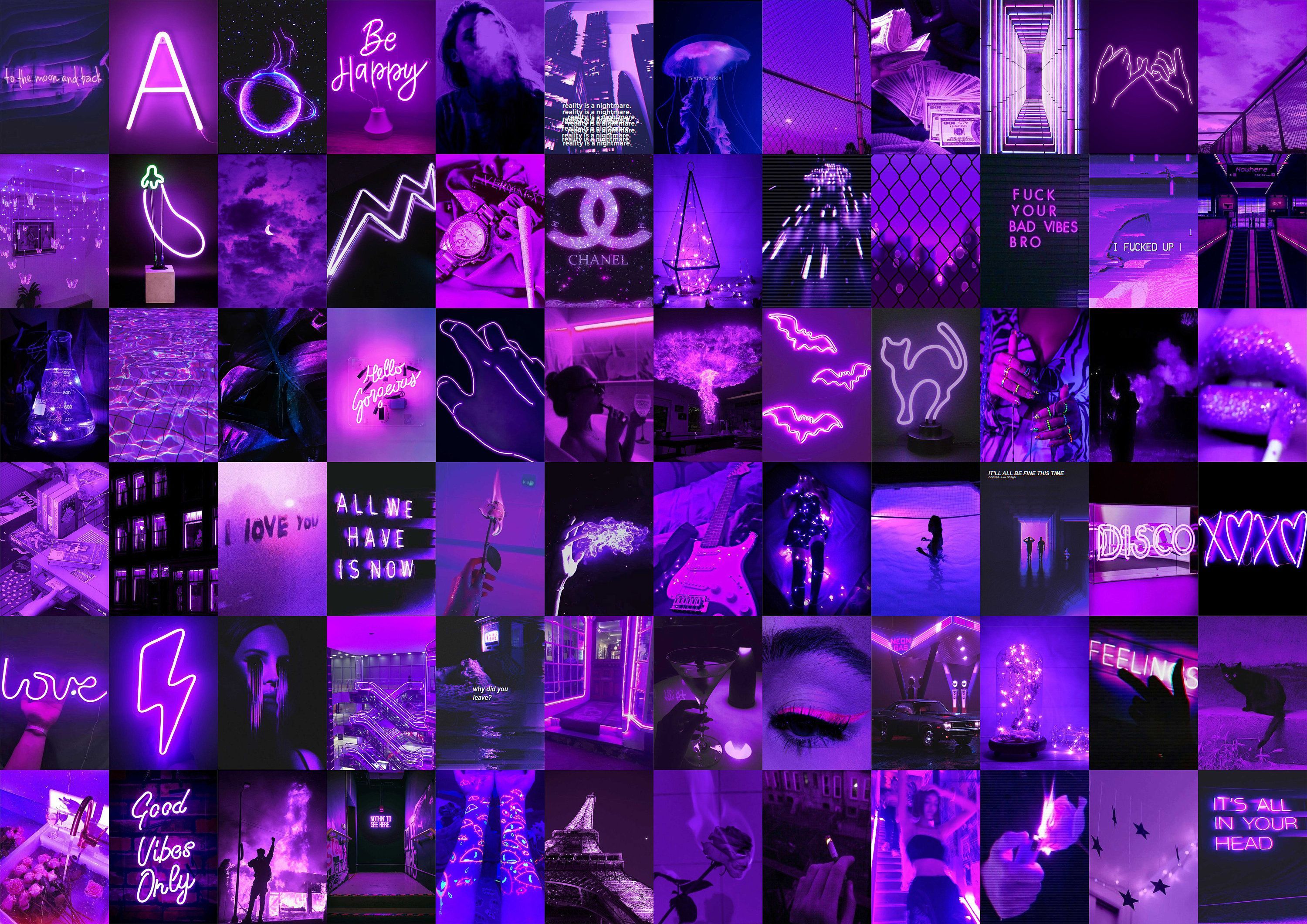 Collage, Neon, Lila Ästhetik, Schriftzüge, Dunkel, 2K, Hintergrund für den Desktop