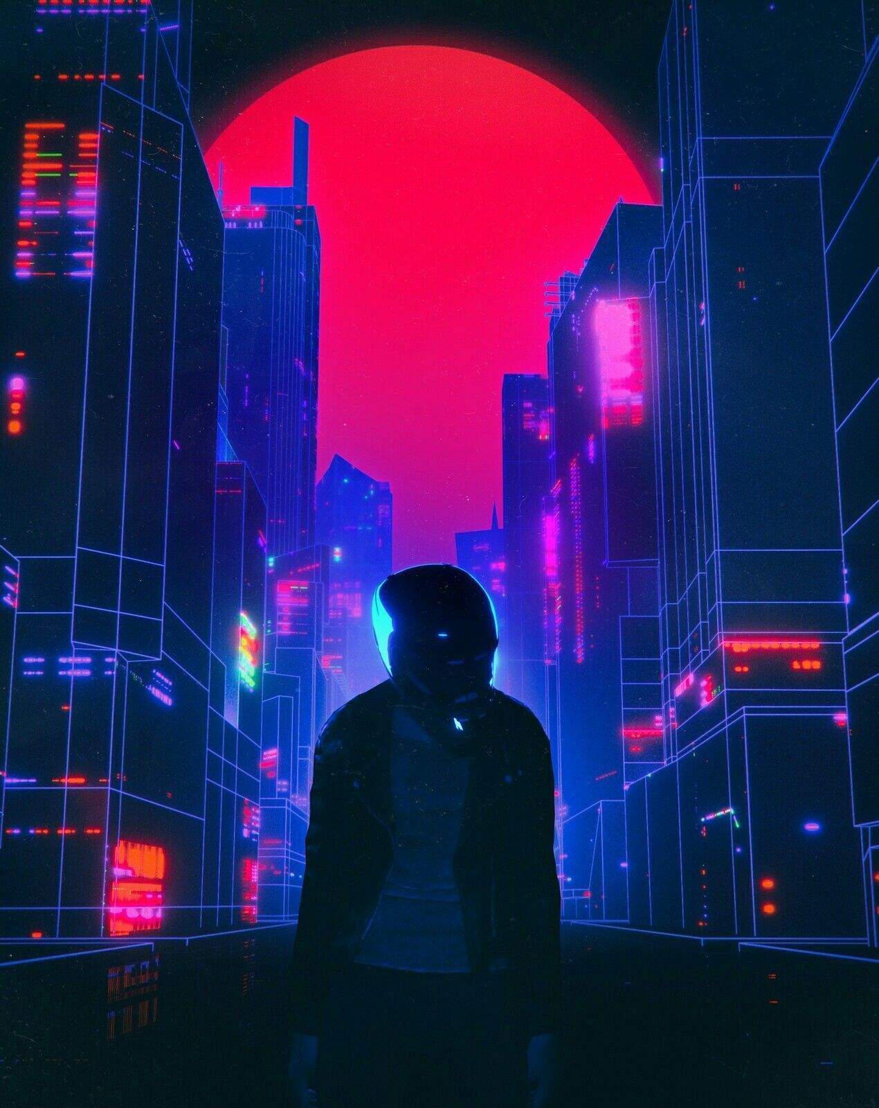 Synthwave, Silhouette, Stadt, Rote Sonne, Retrowave, Lila, Full HD, iPad-Hintergrundbild