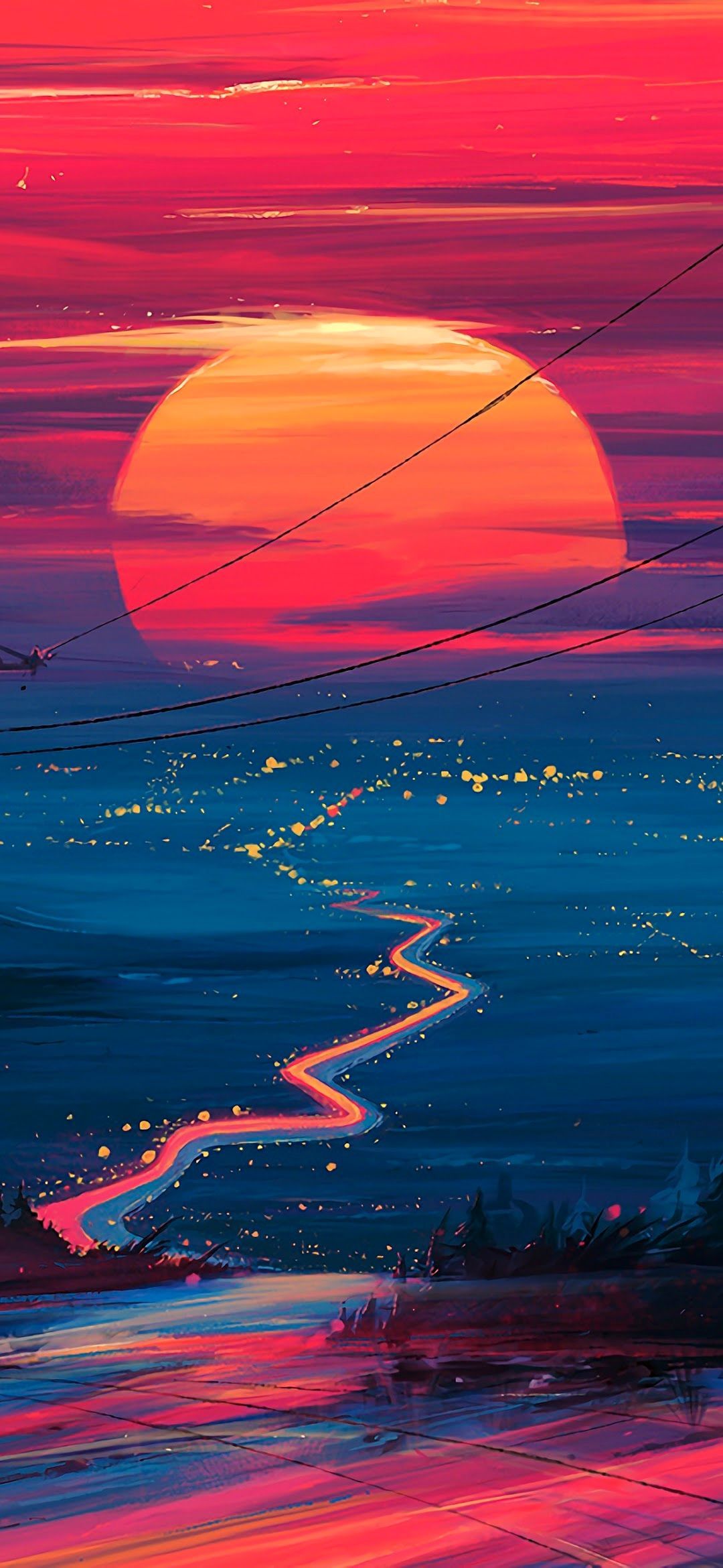 Sonnenuntergang, Digitale Kunst, Fluss, Lichter, Roter Himmel, Sperrbildschirm fürs Galaxy A50