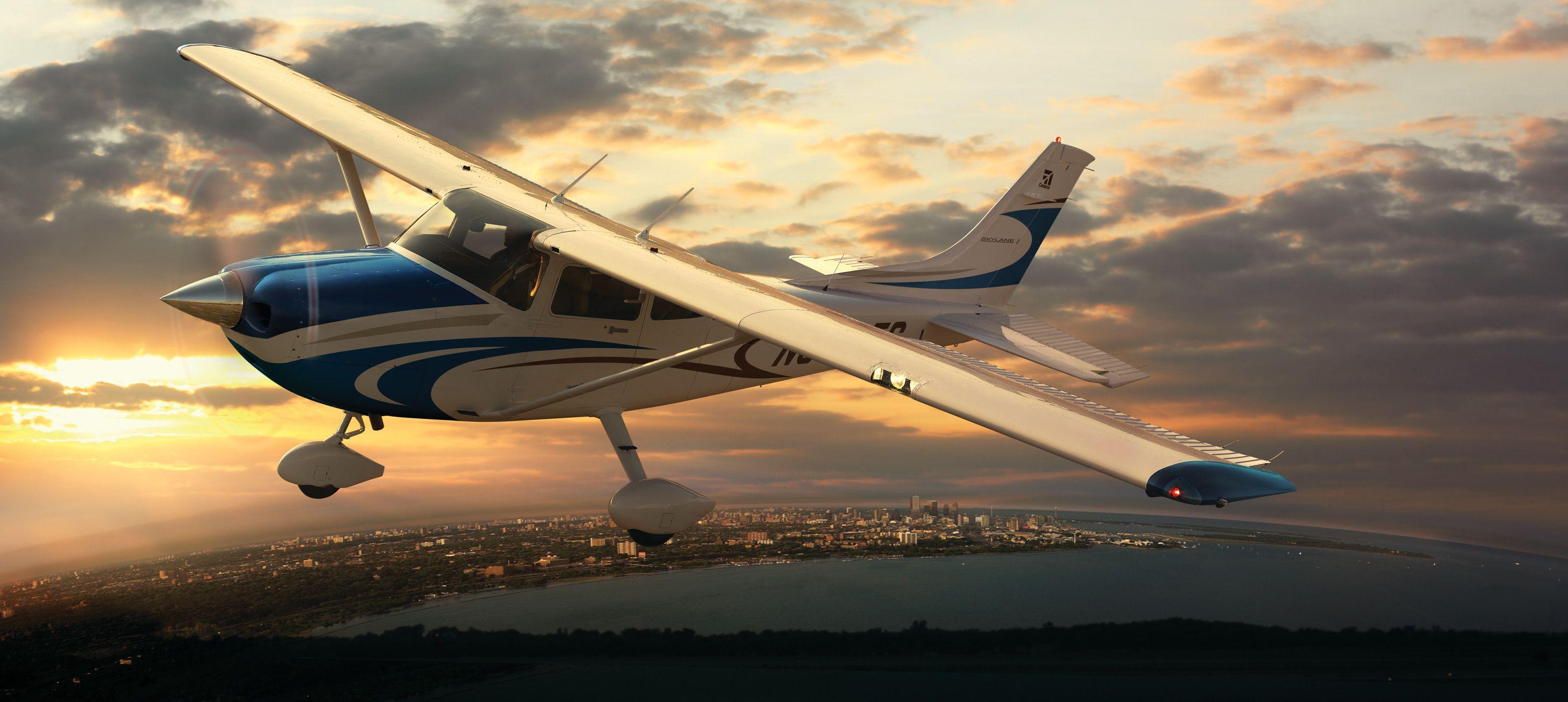 Cessna 182 Skylane, Cessna, Sonnenuntergang, Im Flug, Küste, 2K-Hintergrundbild für PC