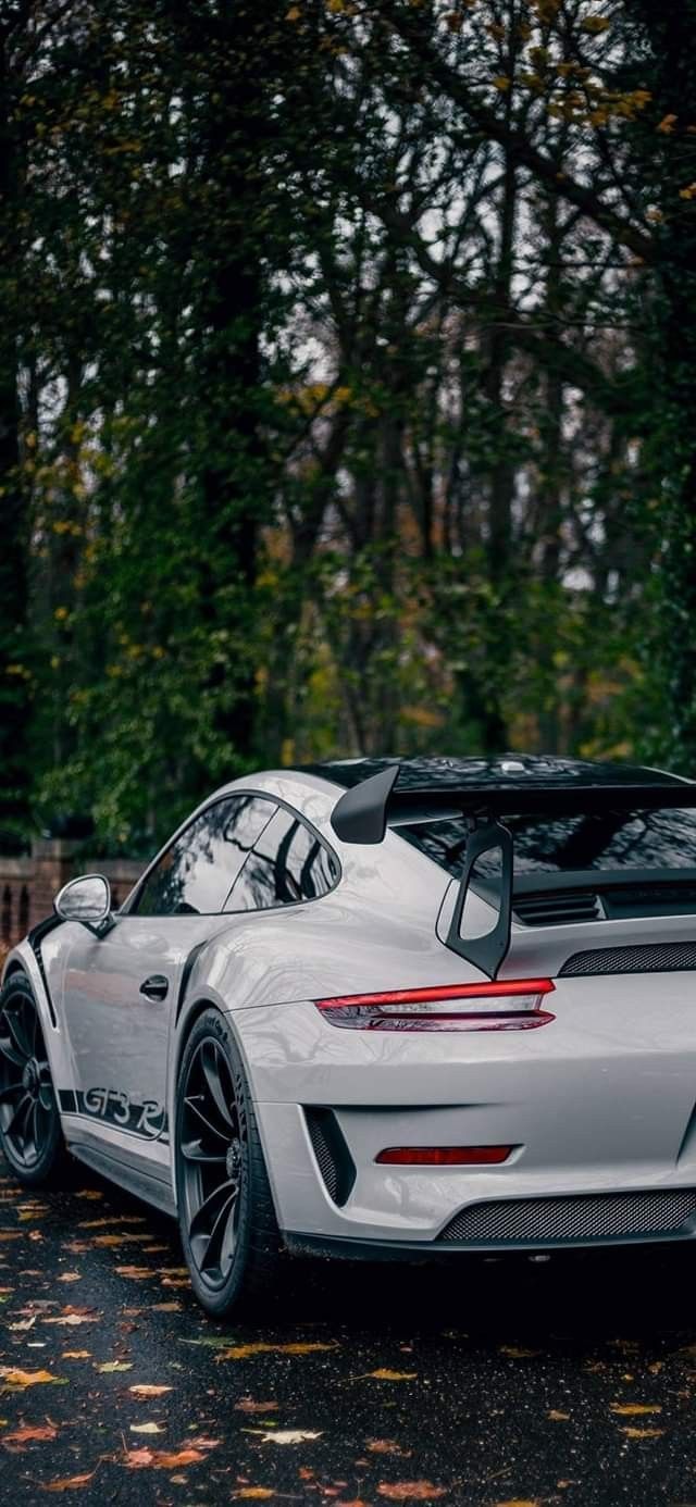 Porsche 911 GT3 RS, Weißer Sportwagen, Wald, Herbstlaub, Heckflügel, Android-Hintergrundbild