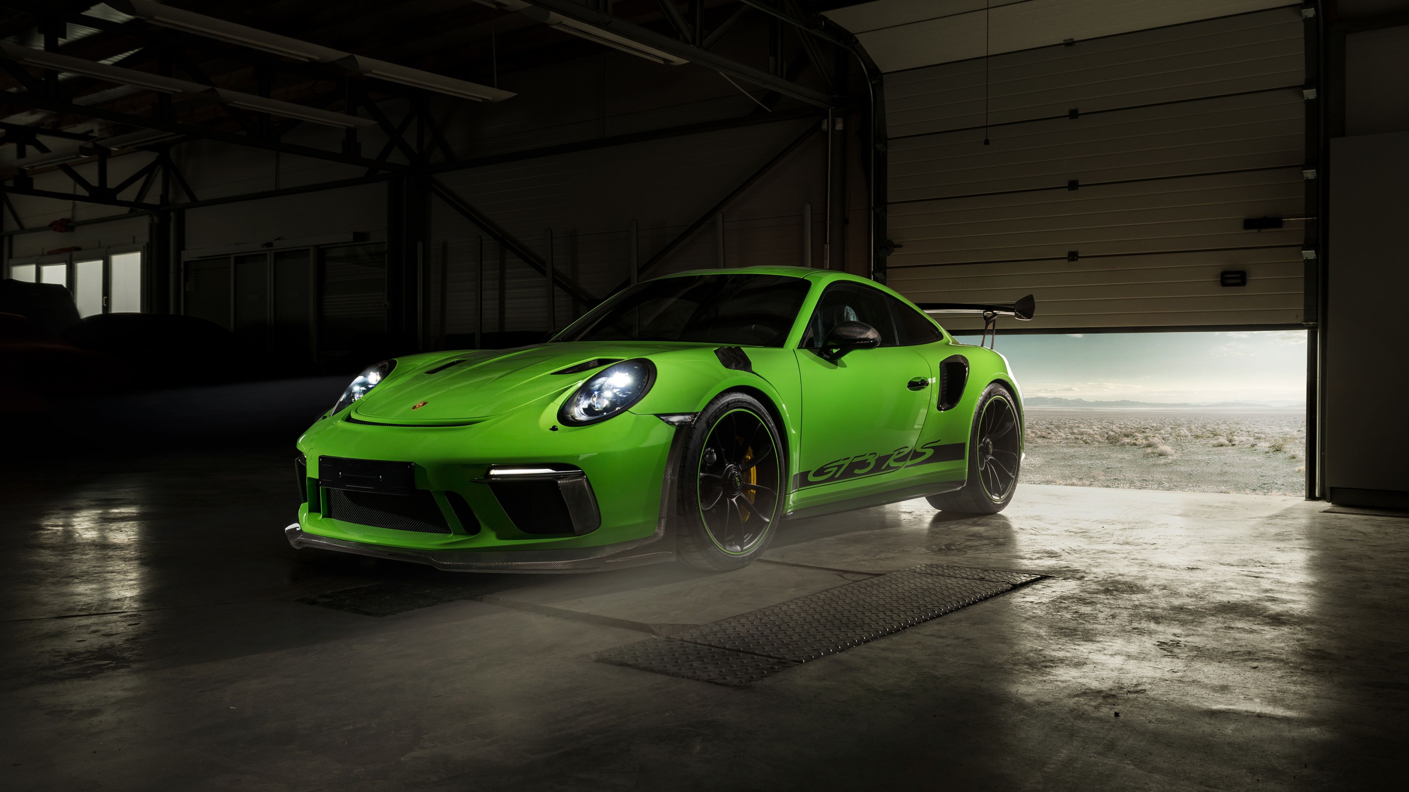 Porsche 911 GT3 RS, 991, Lizardgrün, Garage, Dunkle Halle, 4K-Hintergrundbild für PC