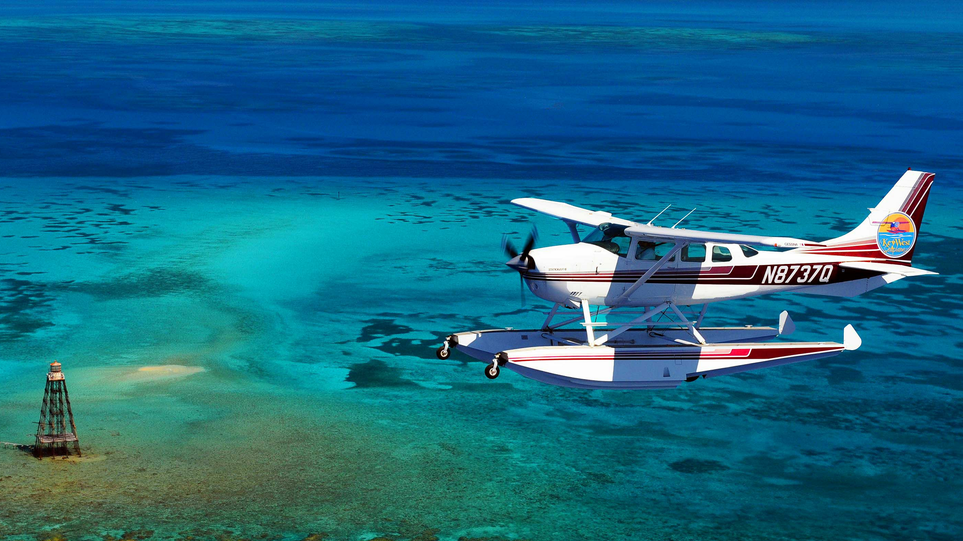 Cessna 206, Wasserflugzeug, Türkises Meer, Korallenriff, Leuchtturm, Full HD, PC-Hintergrundbild