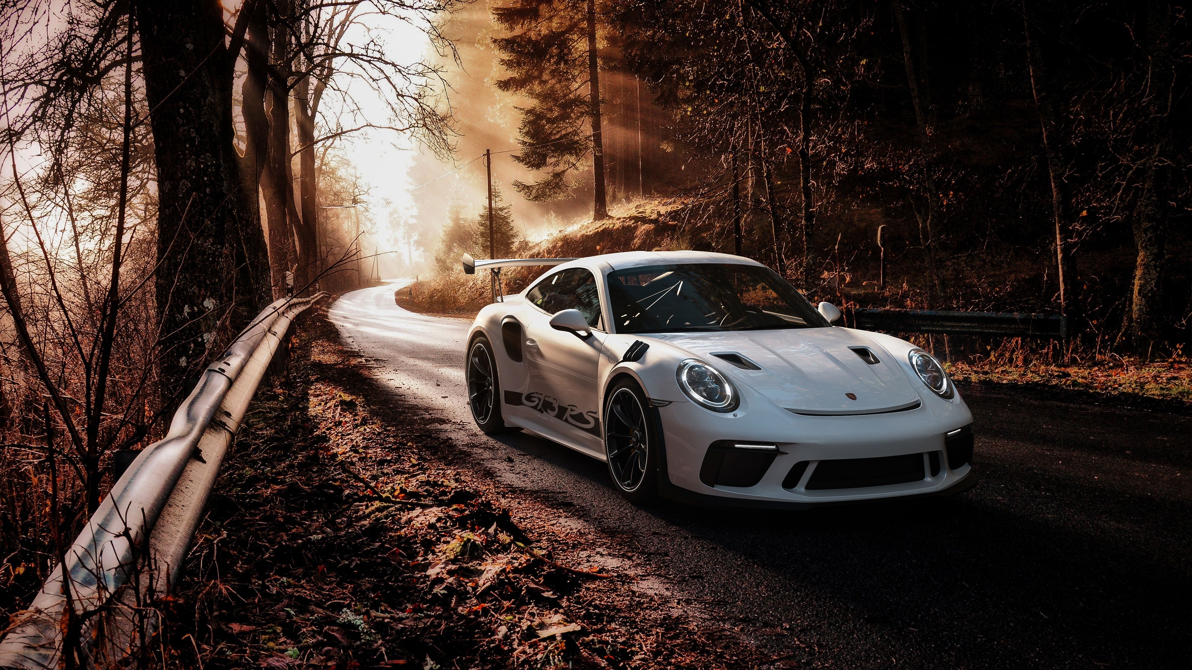 Porsche 911 GT3 RS, Weißer Sportwagen, Waldstraße, Herbst, Leitplanke, Warmes Licht, 2160p-Hintergrundbild