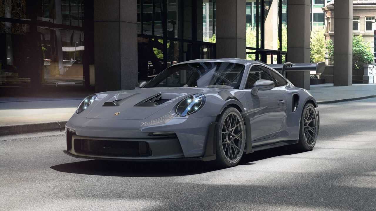 Porsche 911 GT3 RS, 992, Grauer Sportwagen, Boxengebäude, Frontansicht, HD, Breitbild-Hintergrundbild
