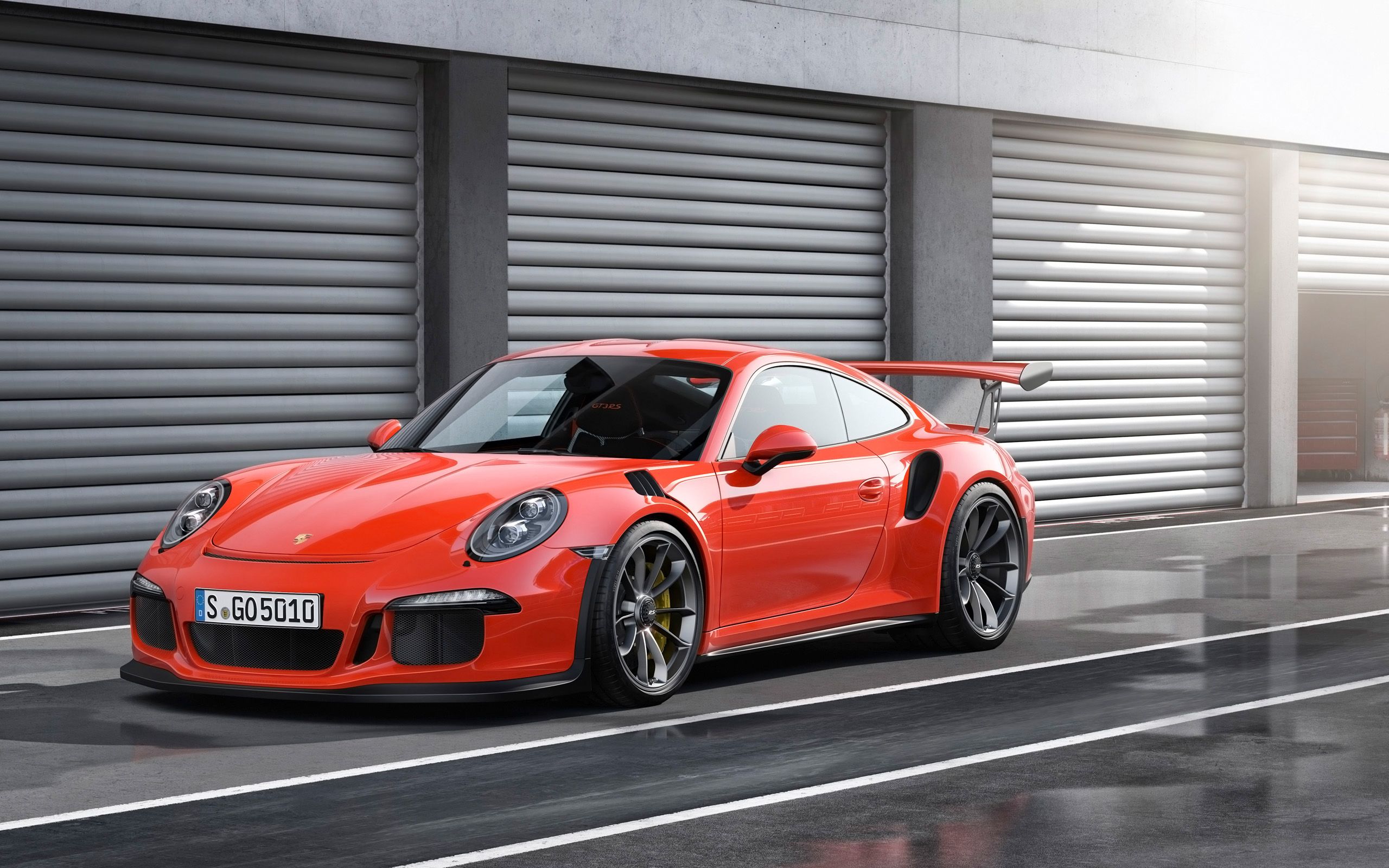 Porsche 911 GT3 RS, 991, Lavaorange, Boxengasse, Rolltore, 2K, Desktop-Hintergrund