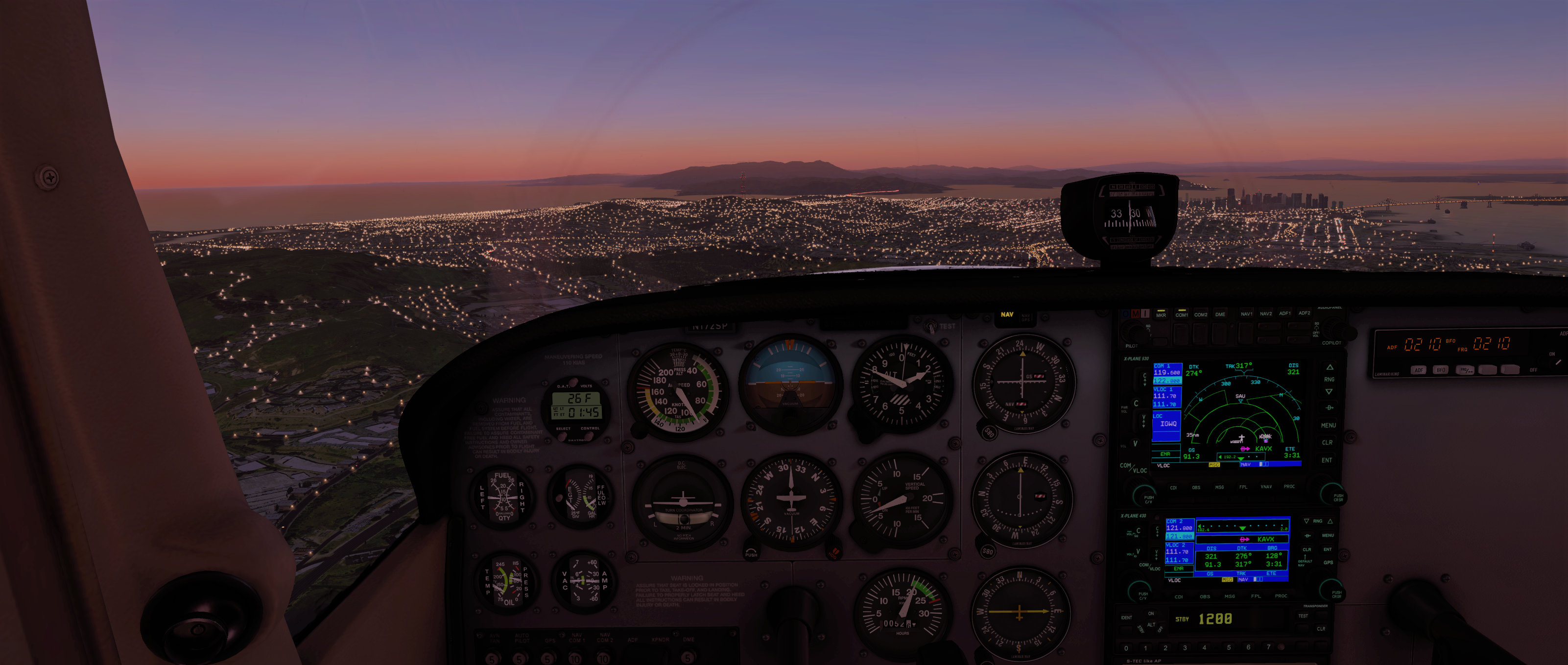 Cessna, Cockpit, Instrumententafel, Nachtflug, Stadtlichter, 2K, PC-Hintergrundbild