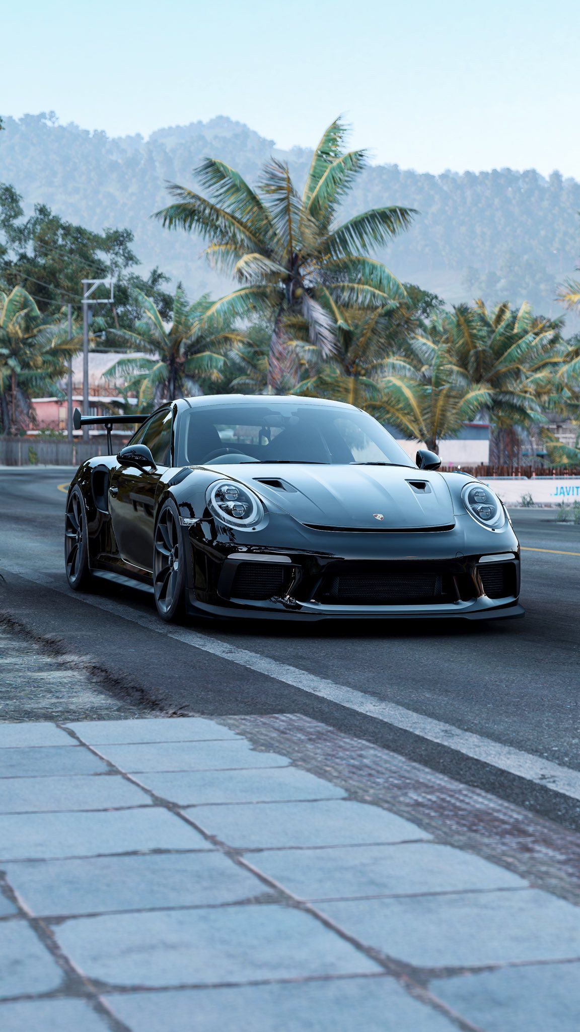 Porsche 911 GT3 RS, Schwarzer Sportwagen, Palmen, Straße, Berge, Full HD, iPhone-Hintergrundbild