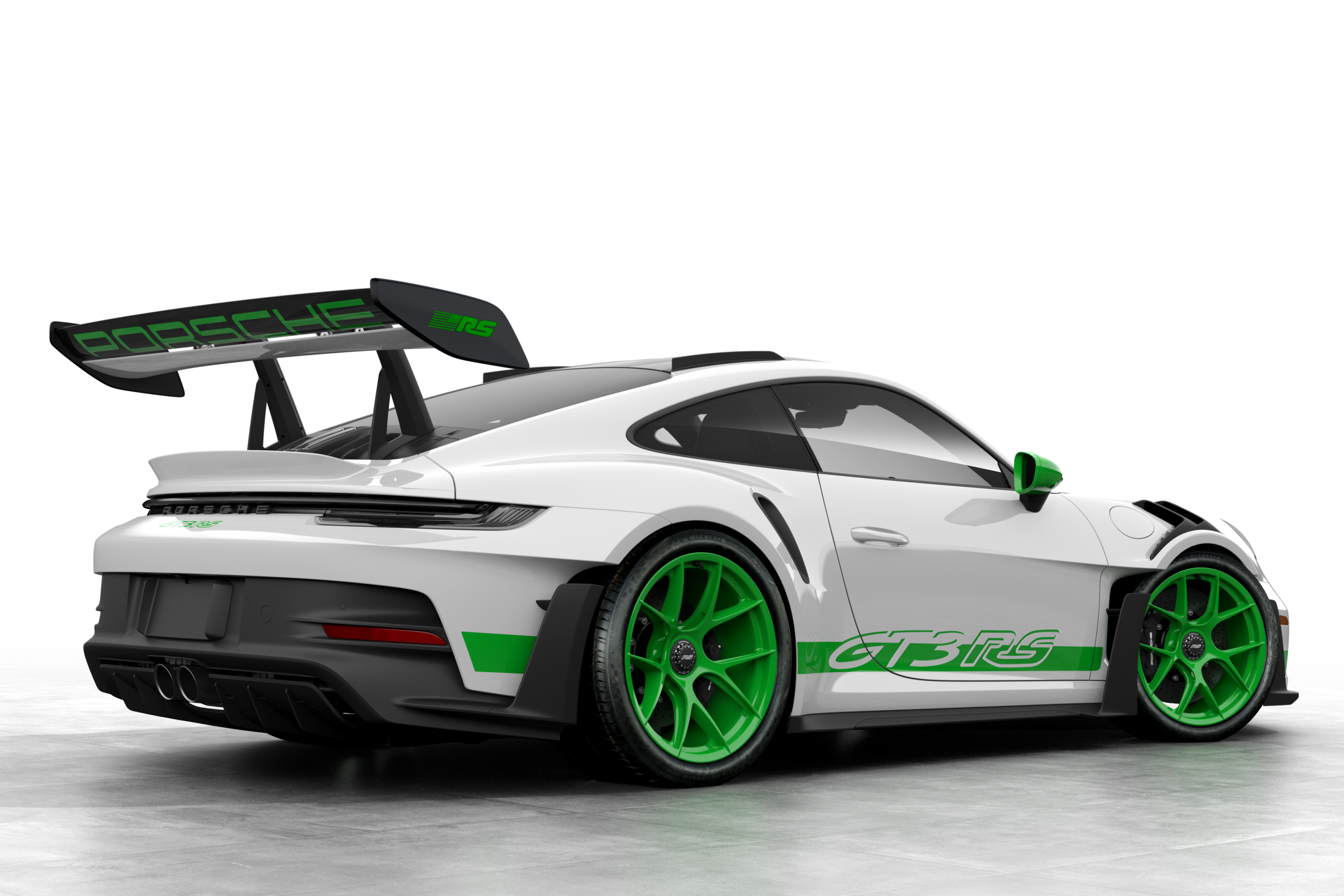 Porsche 911 GT3 RS, 992, Tribute to Carrera RS, Grüne Felgen, Heckflügel, Weißer Hintergrund, 2K Wallpaper
