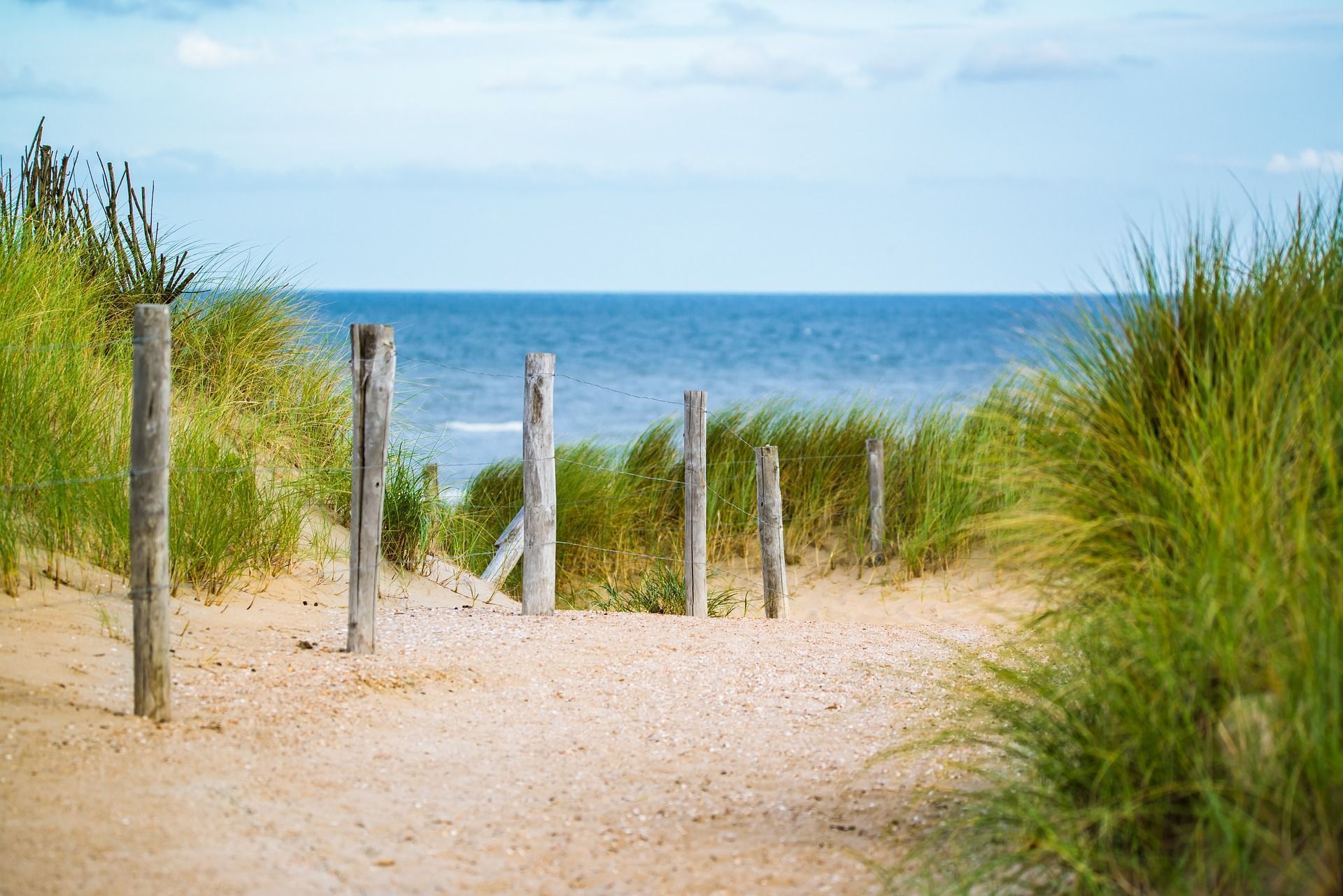 Strandweg, Dünen, Dünengras, Meer, Holzpfähle, Full HD, Desktop-Hintergrund für Windows