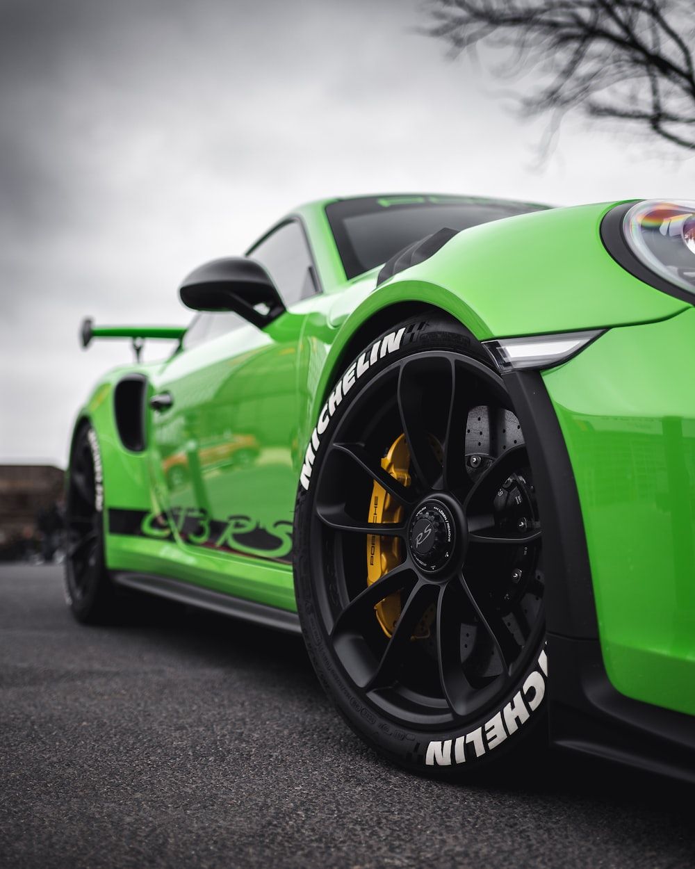Porsche 911 GT3 RS, Lizardgrün, Michelin-Reifen, Felge, Detailaufnahme, HD, Tablet-Hintergrund