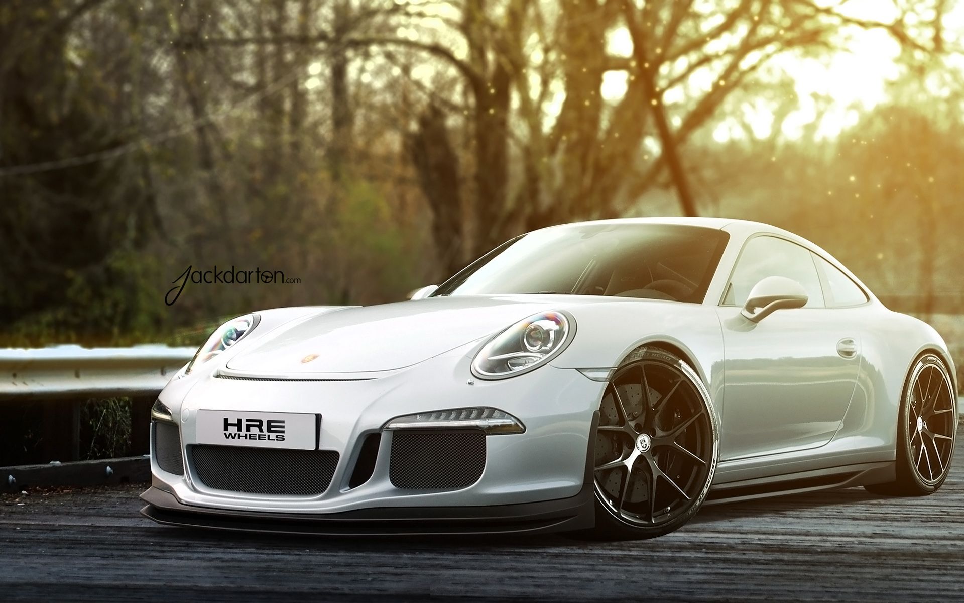 Porsche 911 GT3, 991, Weißer Sportwagen, HRE Wheels, Wald, Gegenlicht, Full HD, Desktop-Hintergrund