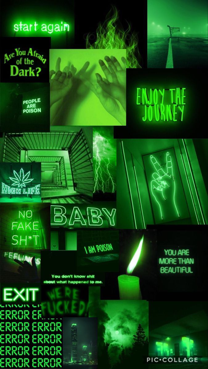Collage, Neongrün, Exit, Start again, Dunkle Ästhetik, Hintergrundbild für iPhone und Android