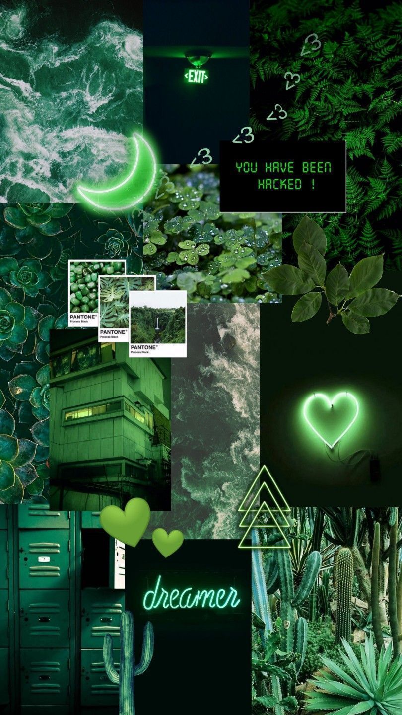 Collage, Neonherz, Dunkelgrün, Dreamer, Moodboard, Hochformat, Hintergrundbild fürs Smartphone