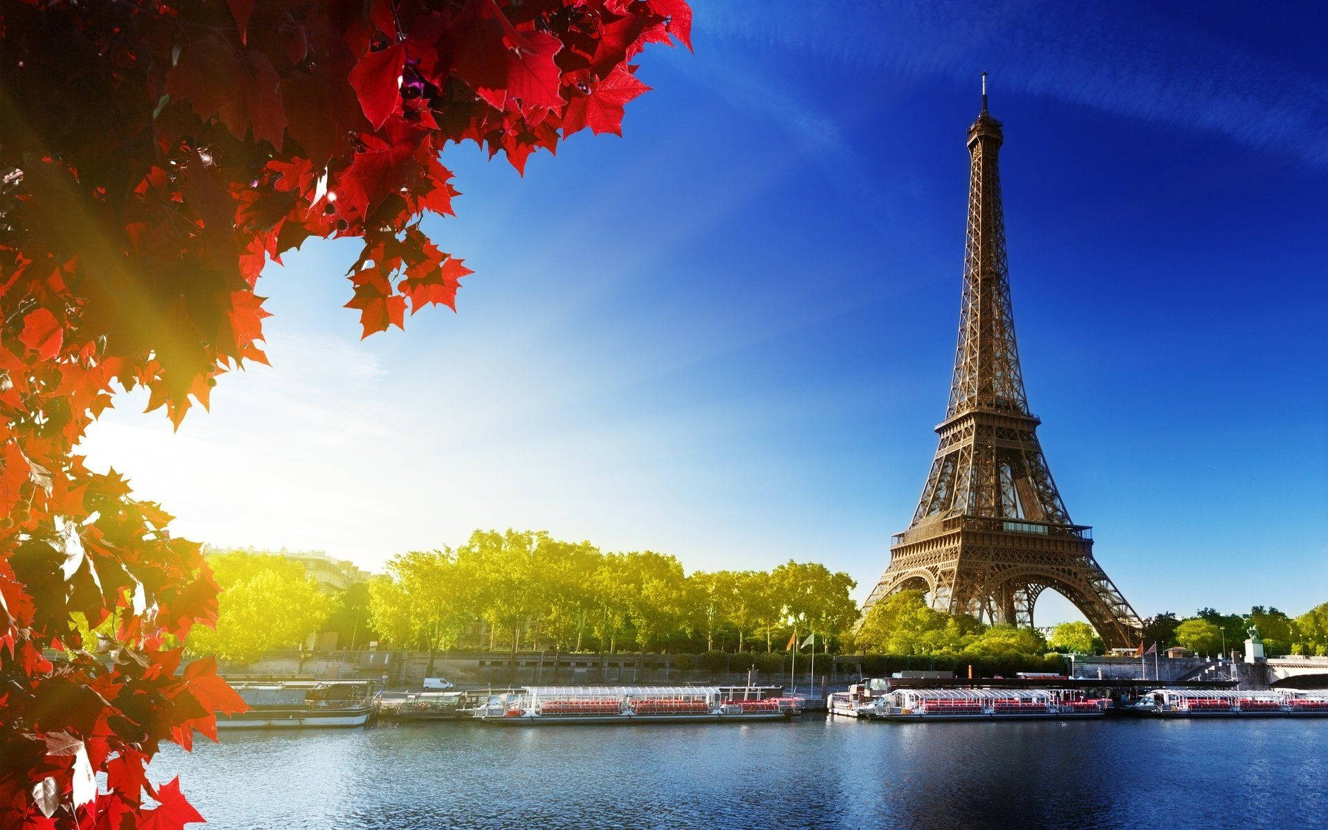 Eiffelturm, Paris, Frankreich, Seine, Herbstlaub, Blauer Himmel, Full HD, Laptop-Hintergrundbild